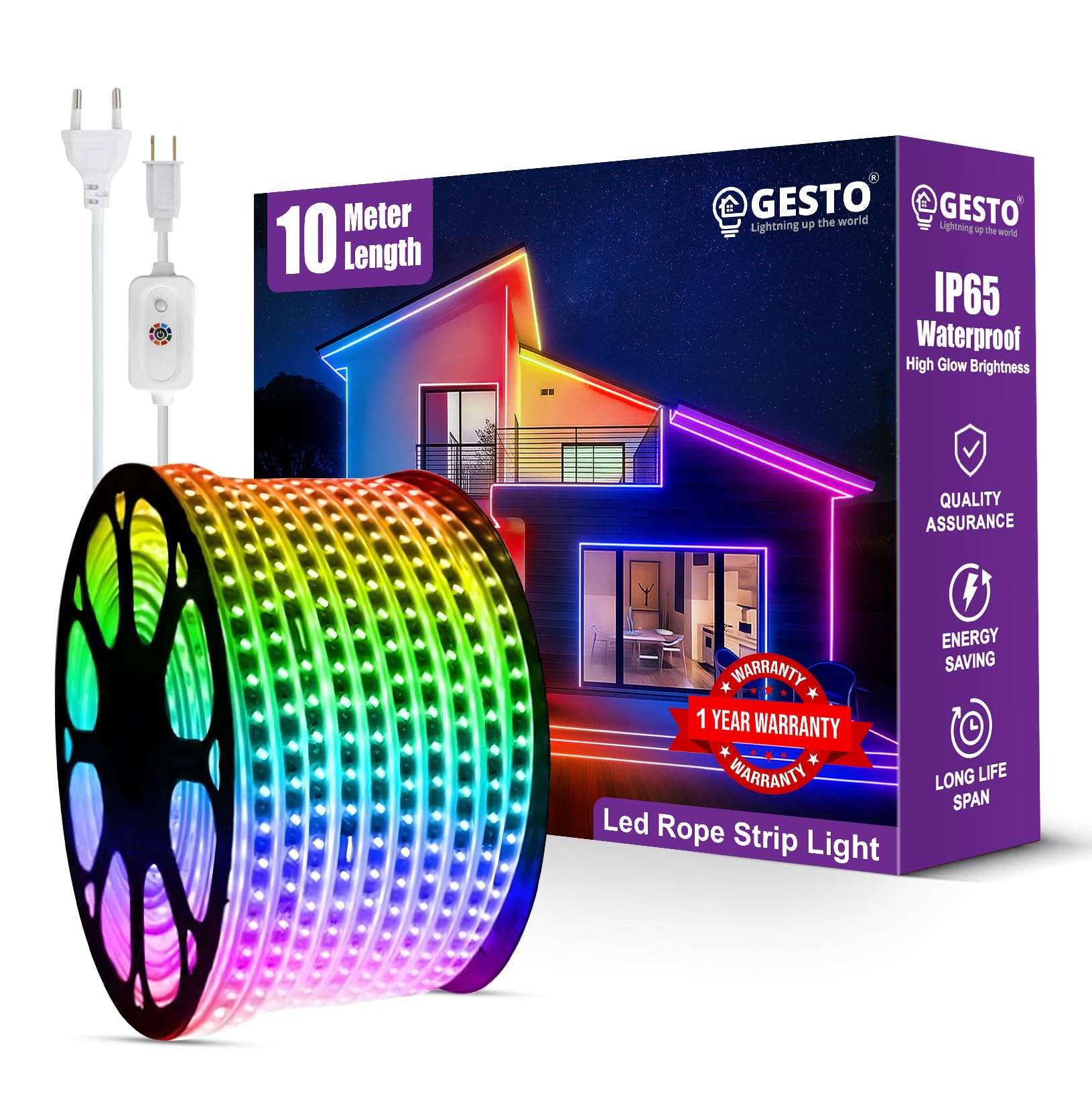 Gesto 10 Meter Rope Led Strip Lights – High Brightness Outdoor Lights Waterproof for Balcony,Home Decor,False Ceiling | RGB Strip Light for Diwali Decoration with Mode Change Controller (Multicolor) 1