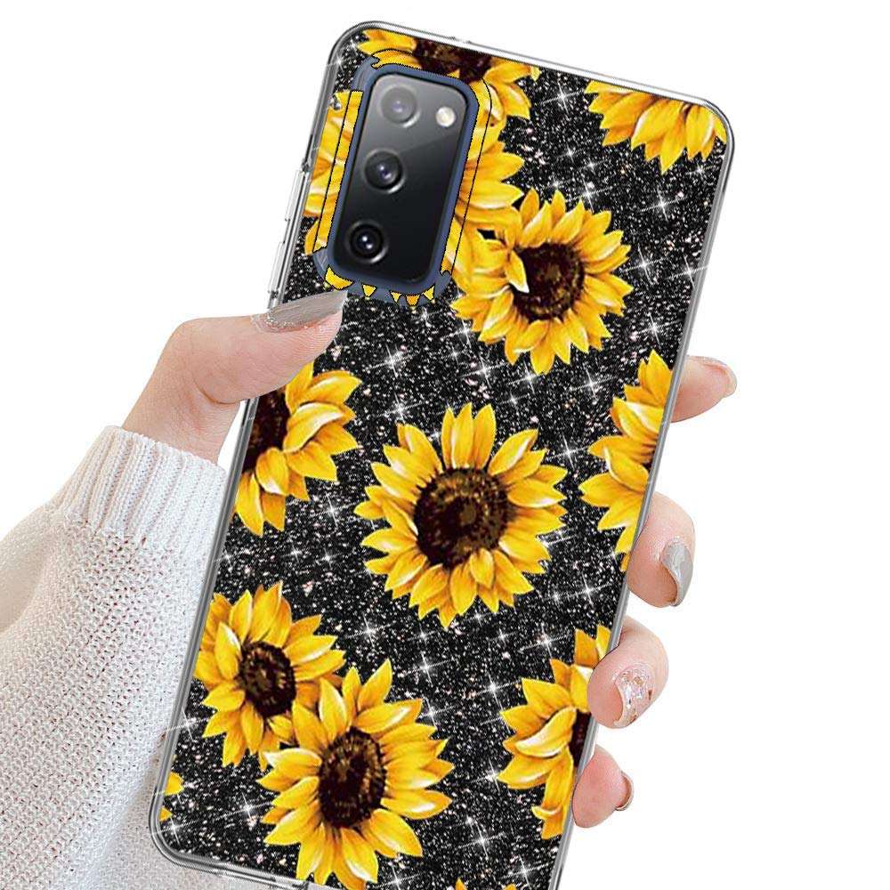 for Samsung S20 Fan Edition Case,Galaxy S20 FE Phone Case,DDTKZC Tempered Glass Protector Lustre Pattern-Sparkle 3 in 1 Clear Shockproof Case for Galaxy S20 FE (Yellow Sunflower) 4