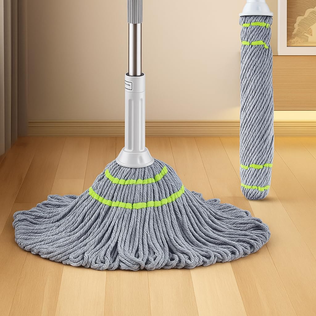 Self-Wringing Microfibre Twist Mop with Stainless Steel Handle, Grey and Green, Hands-Free Cleaning