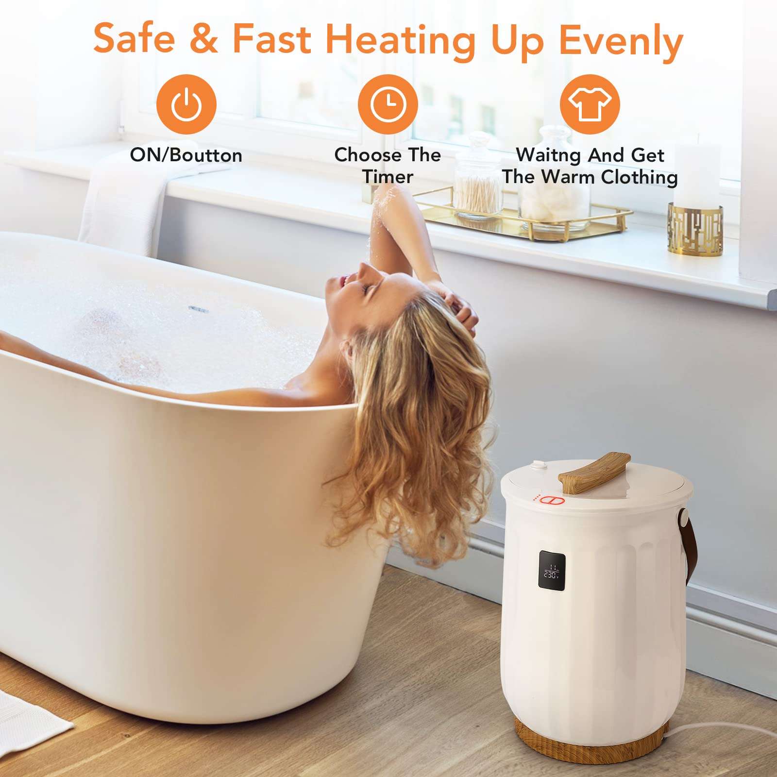 CuisinAid Large Towel Warmer Bucket, Luxury Towel Heater for Bathroom with LED Display, Adjustable Timer, Fits Up to Two 40"X70" Oversized Bath Sheet Towels 5