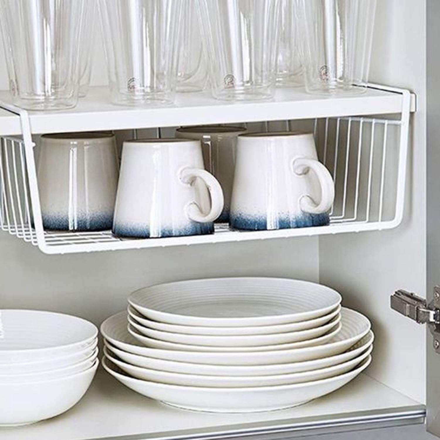 Go Hooked 16 Inch Undershelf Storage Basket Pack of 1 | Multipurpose Under Shelf Organizer | Hanging Wire Basket for Cabinet, Shelf, Pantry, Cupboard, Closet, Desk, and Bathroom (White) 3