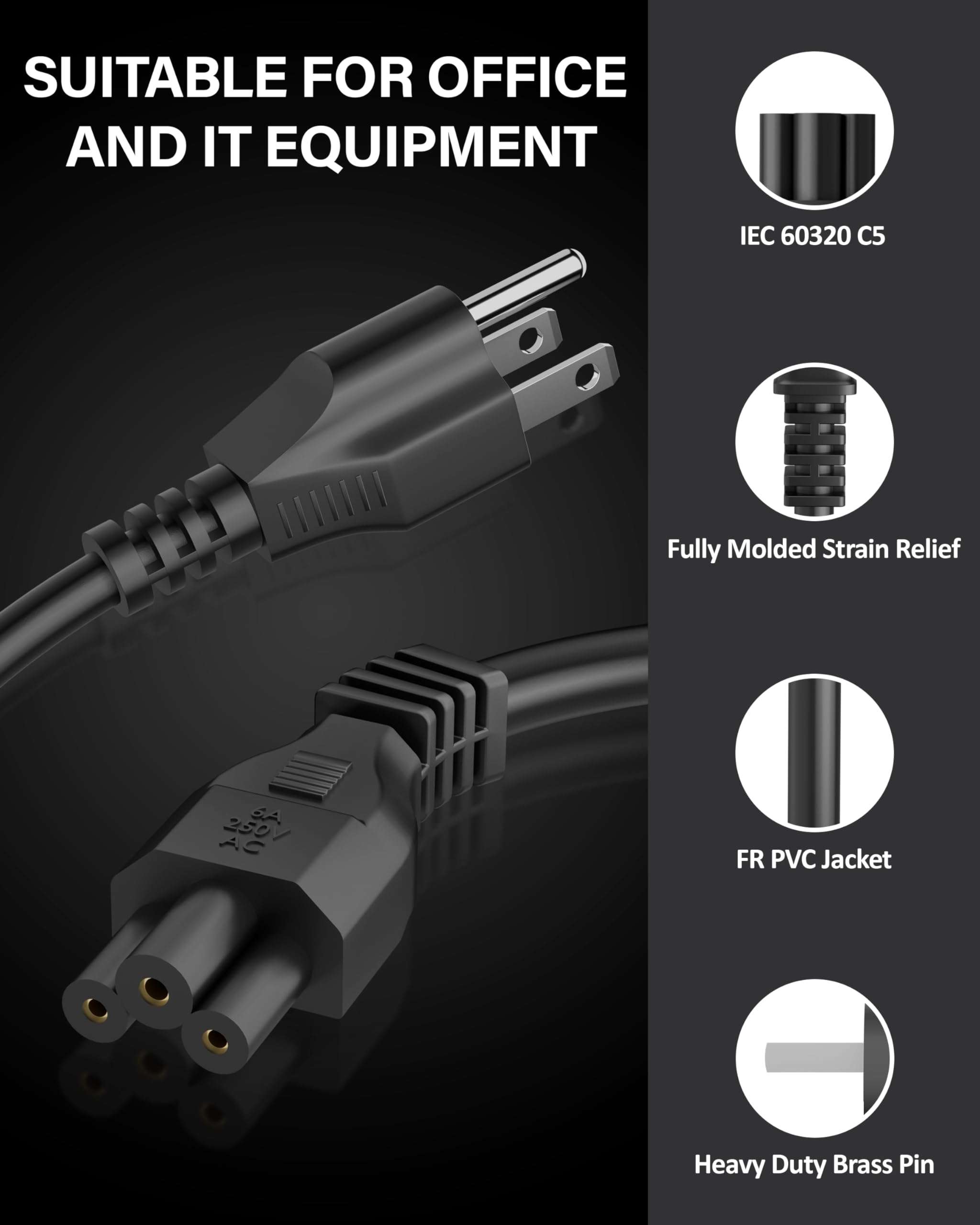 FEDUS 1.8 Meter Type B USA/Canada/Japan/America Universal Computer Monitor Power Cord, type B to C5 Power Cable for Monitor, PC, Laptop, Printer, Scanner, 10Amps 18 AWG GA NEMA 5-15P to IEC5 6