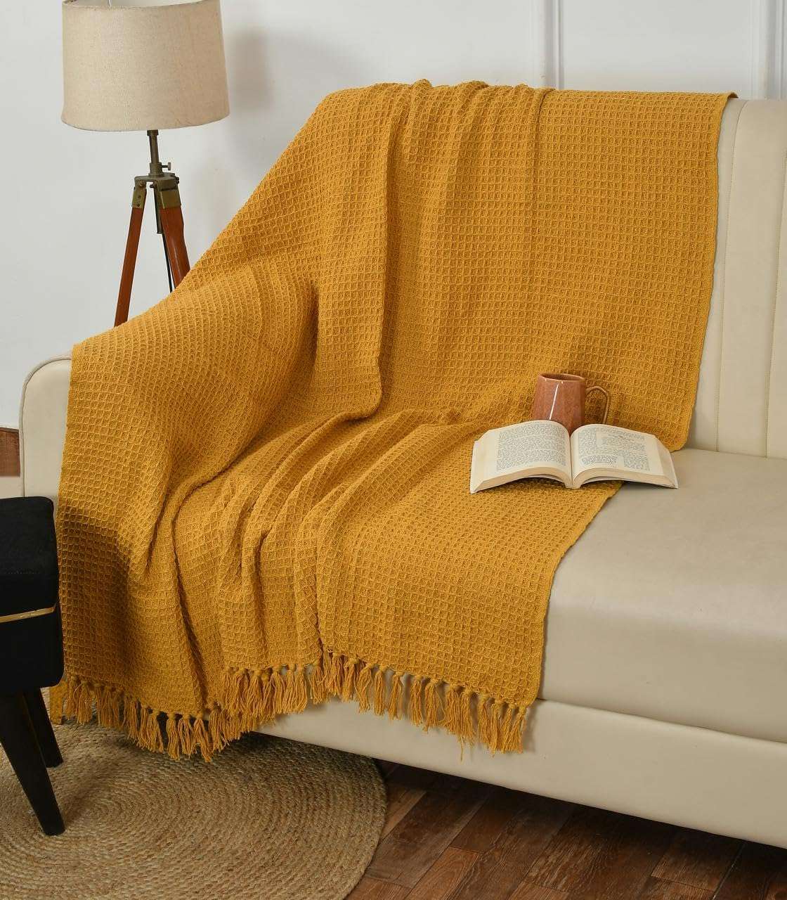 TIB Cotton Throw Blanket,125x150 cm, Throws for Sofa and Couch 3 Seater 120 TC with Fringes, (Mustard)| TC - 120 1