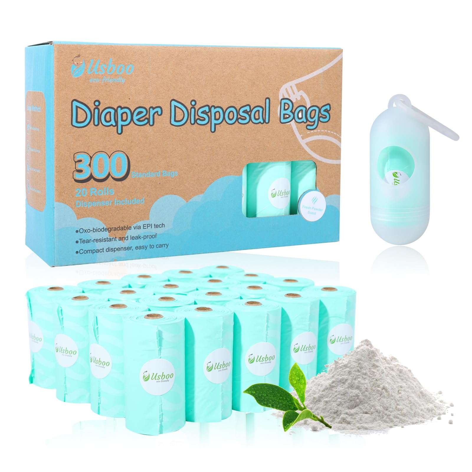 USBOO Diaper Bags Disposable for Baby - 20 Refill Rolls (300 Pack) Diaper Trash Bags with Dispenser, Diaper Bag Accessory, Fresh Powder Scent 1