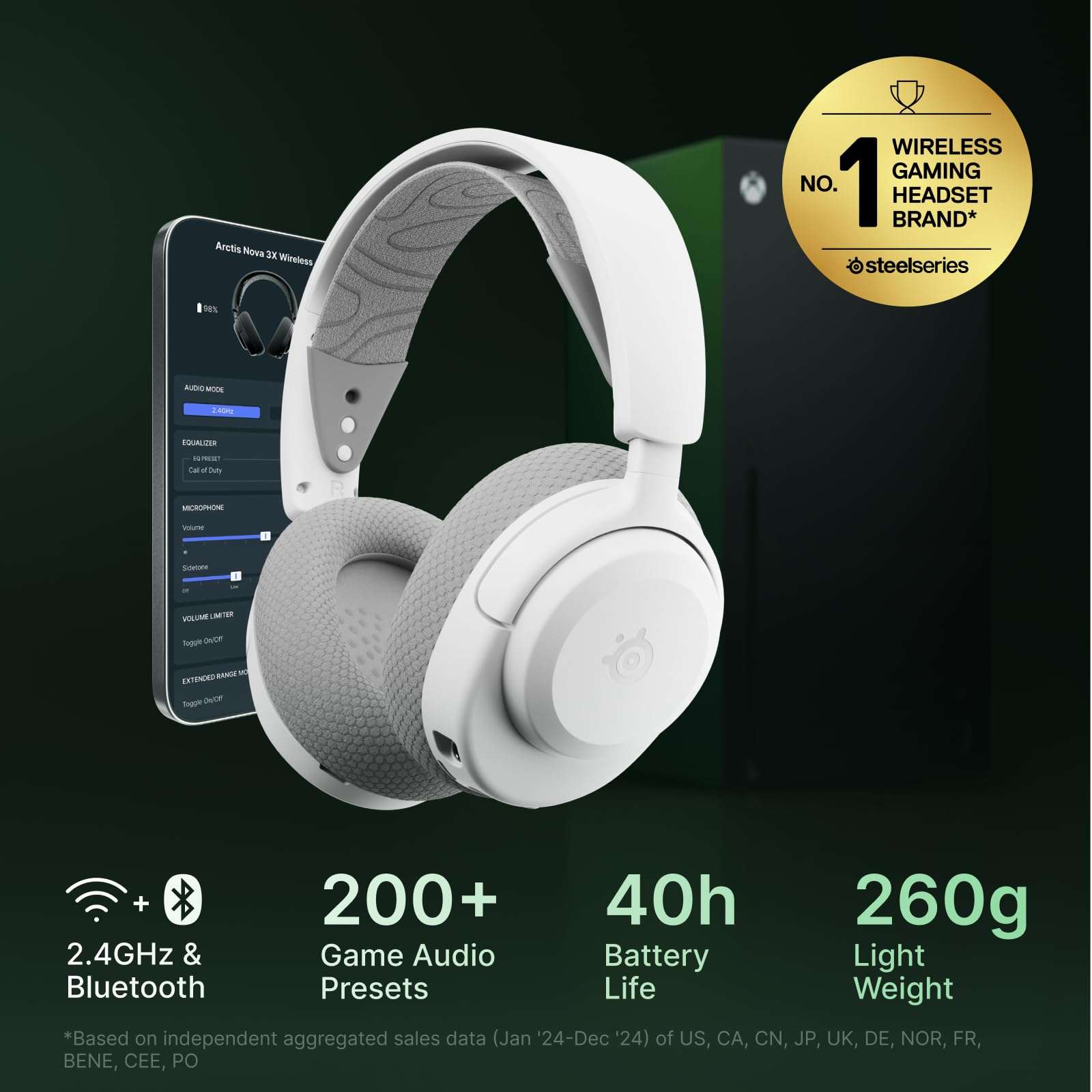 SteelSeries Arctis Nova 3X Wireless Multi-Platform Gaming Headset — Mobile App Control — 40 HR Battery — Neodymium Magnetic Drivers — 2.4GHz/Bluetooth — Xbox, PS5, PC, Switch, Mobile — White 3
