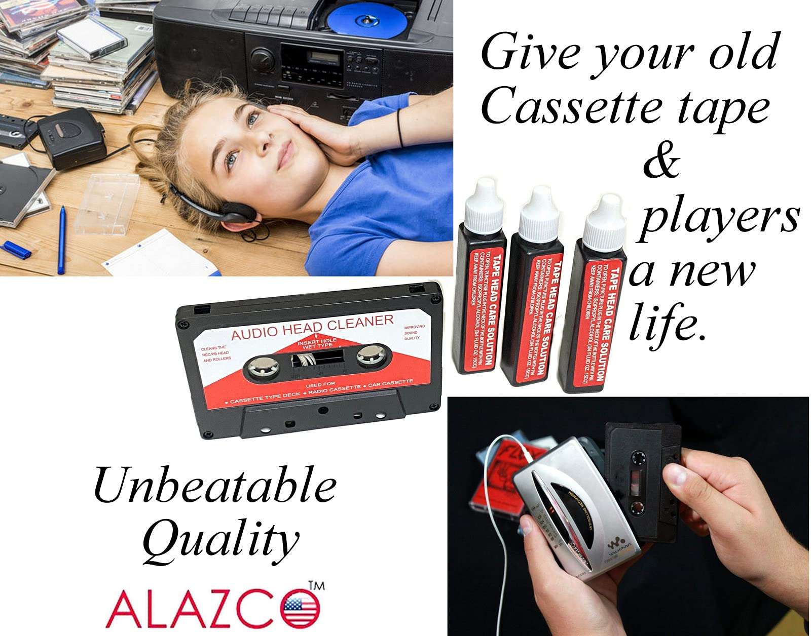 Audio Tape Cassette Head Cleaner w/ 3 Cleaning Fluids Care Wet Maintenance Kit by Alazco 3