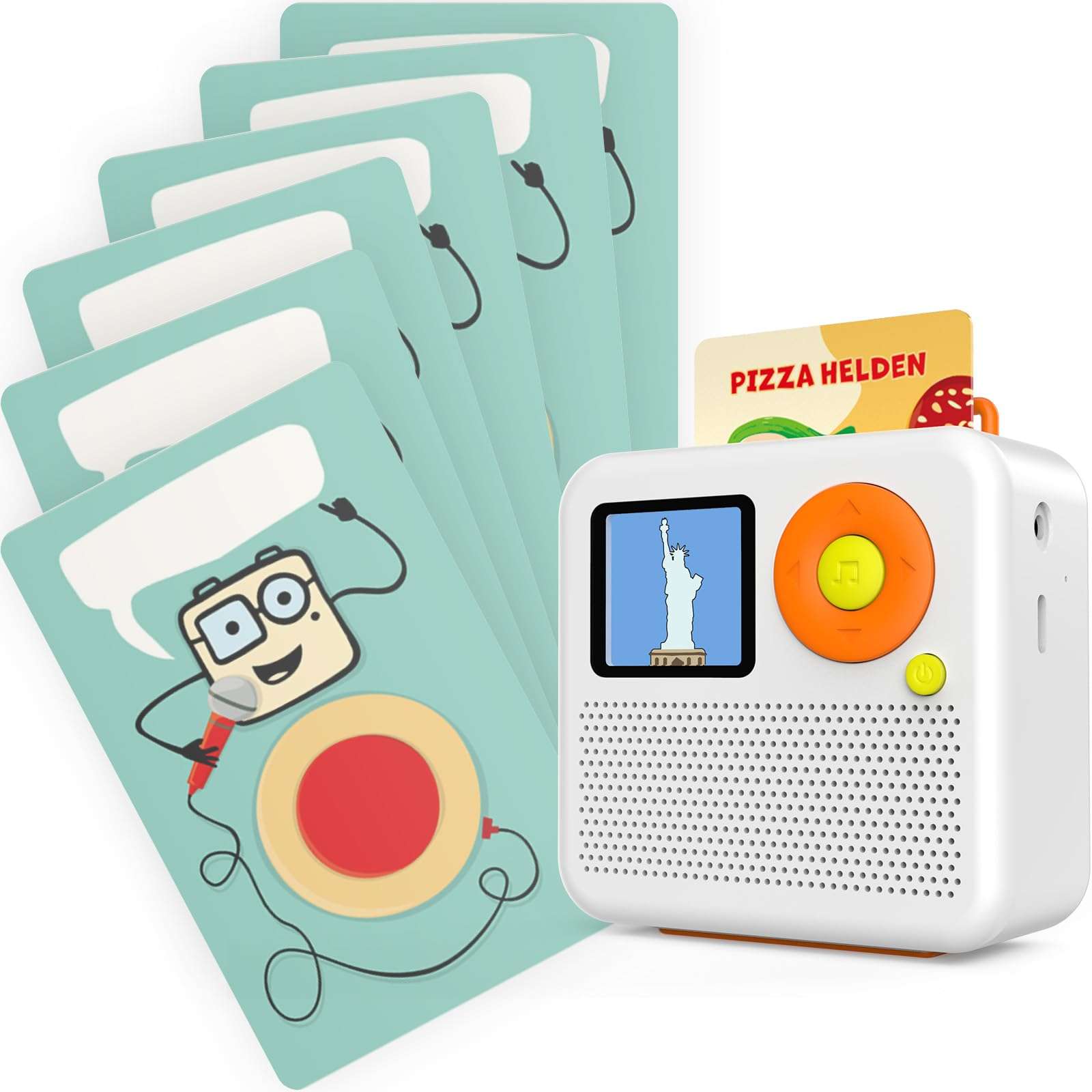 Qiaojoy Giggaboo + Make Your Own Cartd Cards Bundle - Audio Player, Bedtime & Playtime Travel Device with Pizza Hero Set, Make Your Own Card, Bluetooth-Compatible Speaker or Use with Headphones 1