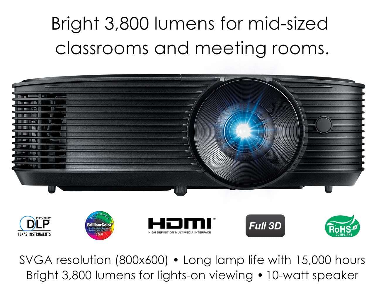Optoma S334e SVGA Bright Professional Projector Lights On Viewing with 3,800 Lumens Latest DLP Technology Business Presentations Classrooms or Home 15,000 hour lamp life Speaker Built In Portable Size 2