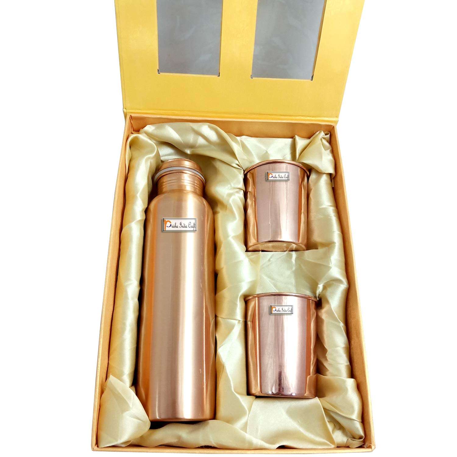 Prisha India Craft Pure Copper Bottle and 2 Copper Glass with Beautiful Gift Box, Set of 3 Pieces 1