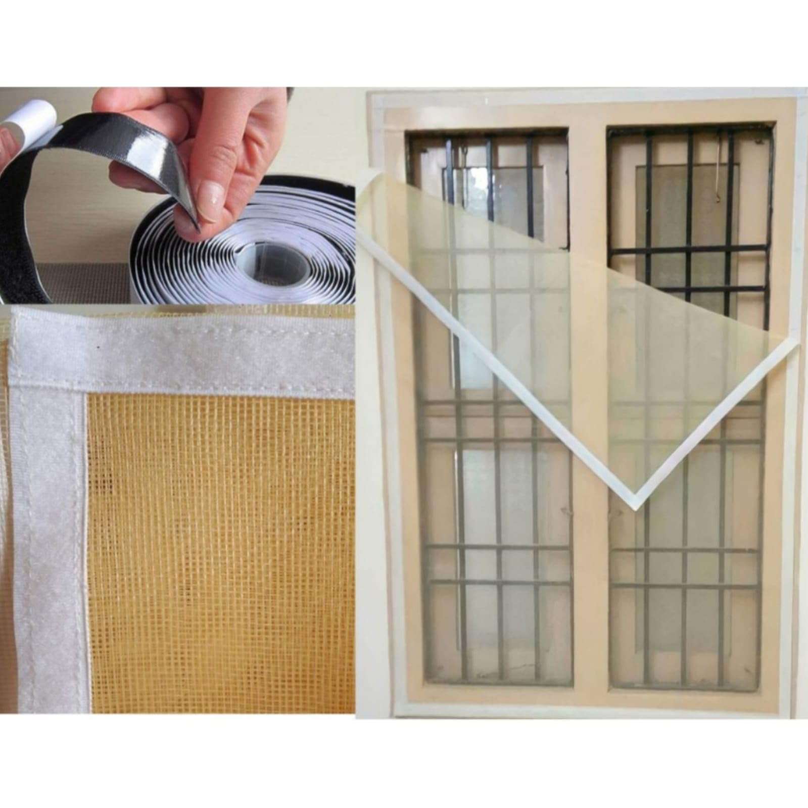 ARKA Fiberglass Pre-Stitched Mosquito Net for Windows | Airson Fiber Mesh with Adhesive Hook Tape ISHI, Width 2.5 cm (Color-Ivory, 150×150 cm) 1