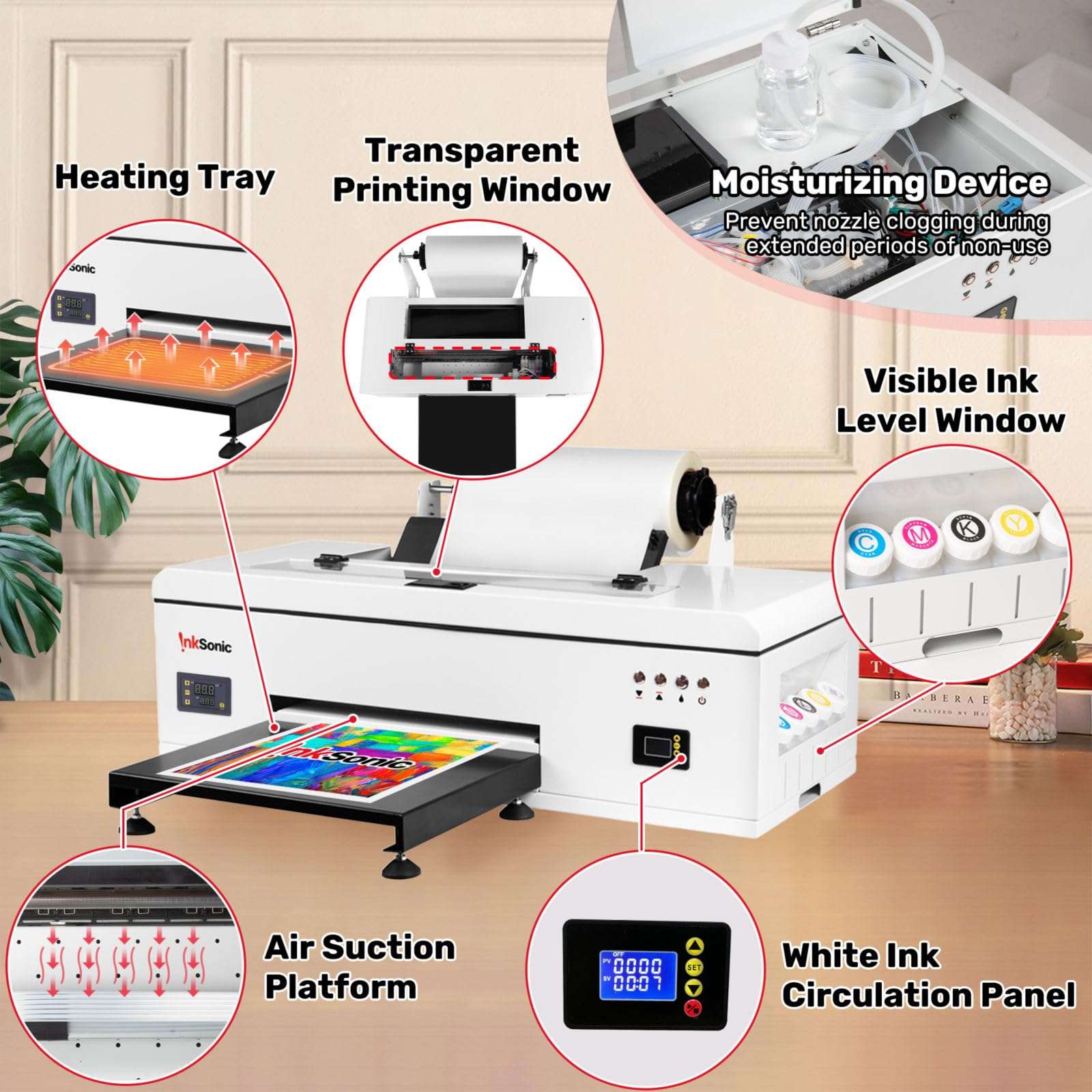 RocRow InkSonic L1800 DTF Printer, A3 DTF Transfer Machine, 13'' Print Width, Custom Garment Printing, Multi-Material Compatible, Direct to Film, White Ink Circulation System, Built-in Heating, E13 5