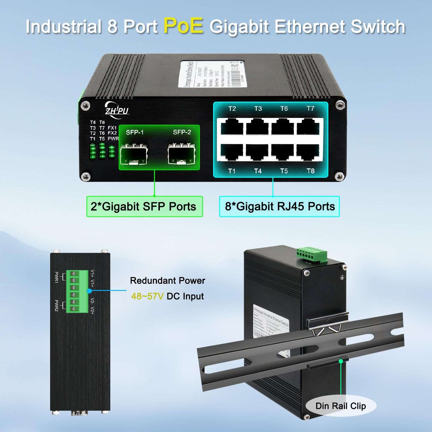 Industrial 8 Port Gigabit 30W PoE Switch with 20Gbps Bandwidth, 8 PoE Port 10/100/1000Mbps, 2 SFP Port, 802.3af/at Ethernet Switch, IP40 Al case, Din Rail or Desktop 2