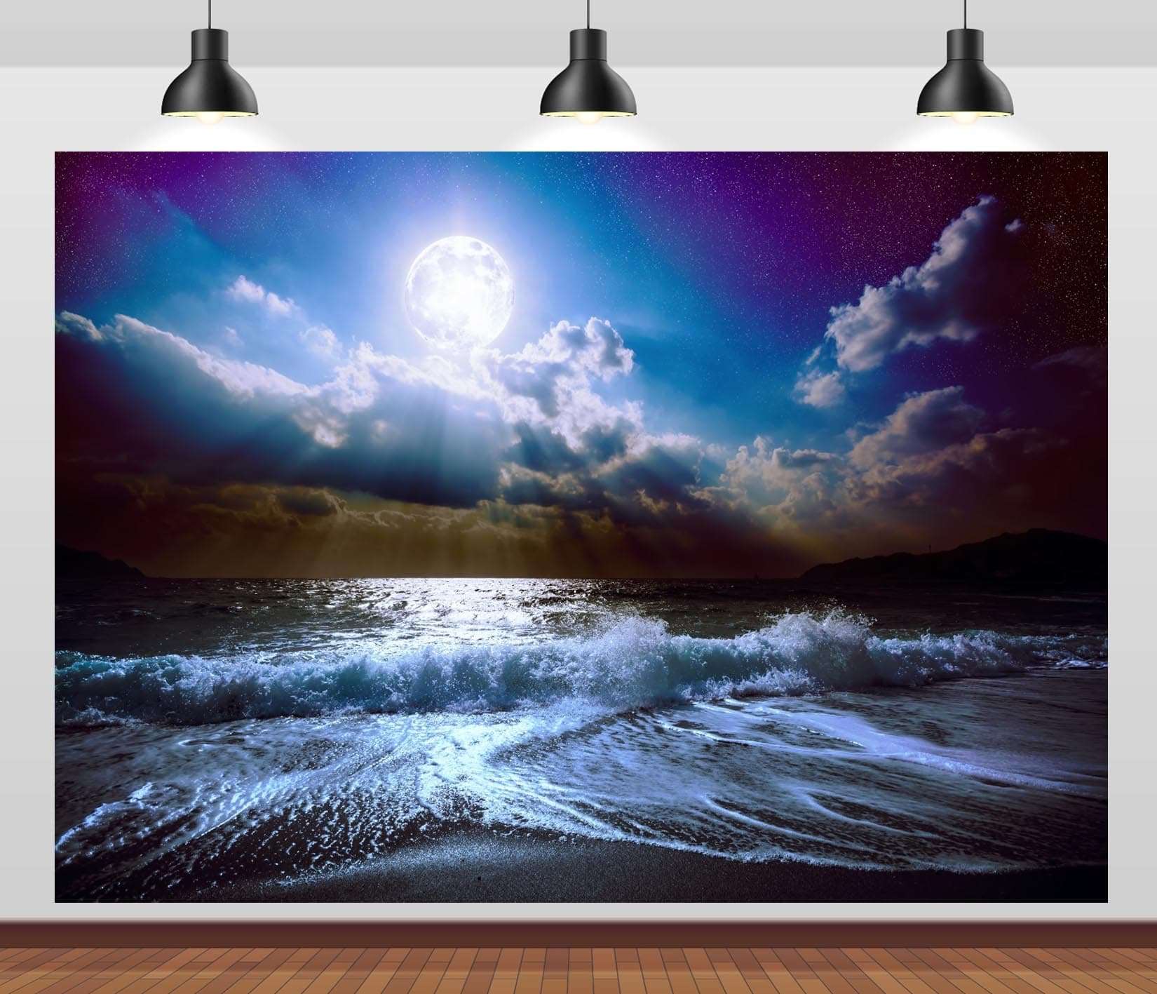 CORFOTO 17x10ft Moon Night Sea Wave Backdrop Beach Moon Night Photography Backdrop Seaside Night Sky Scenery Backdrop Art Portrait Photoshoot Bedroom Wall Decor Prop 1