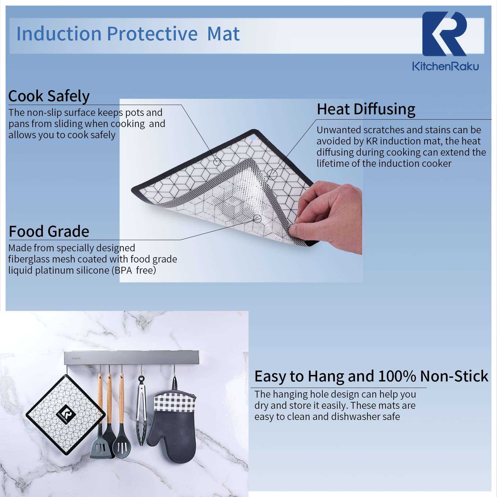 Set of 2 Induction Cooktop Mat for Induction Stove,Platinum Non Slip Silicone Pads-Magnetic Cooktop Scratch Protector By KITCHENRAKU KR (10.2"x 10.2", 2 PCS) 5