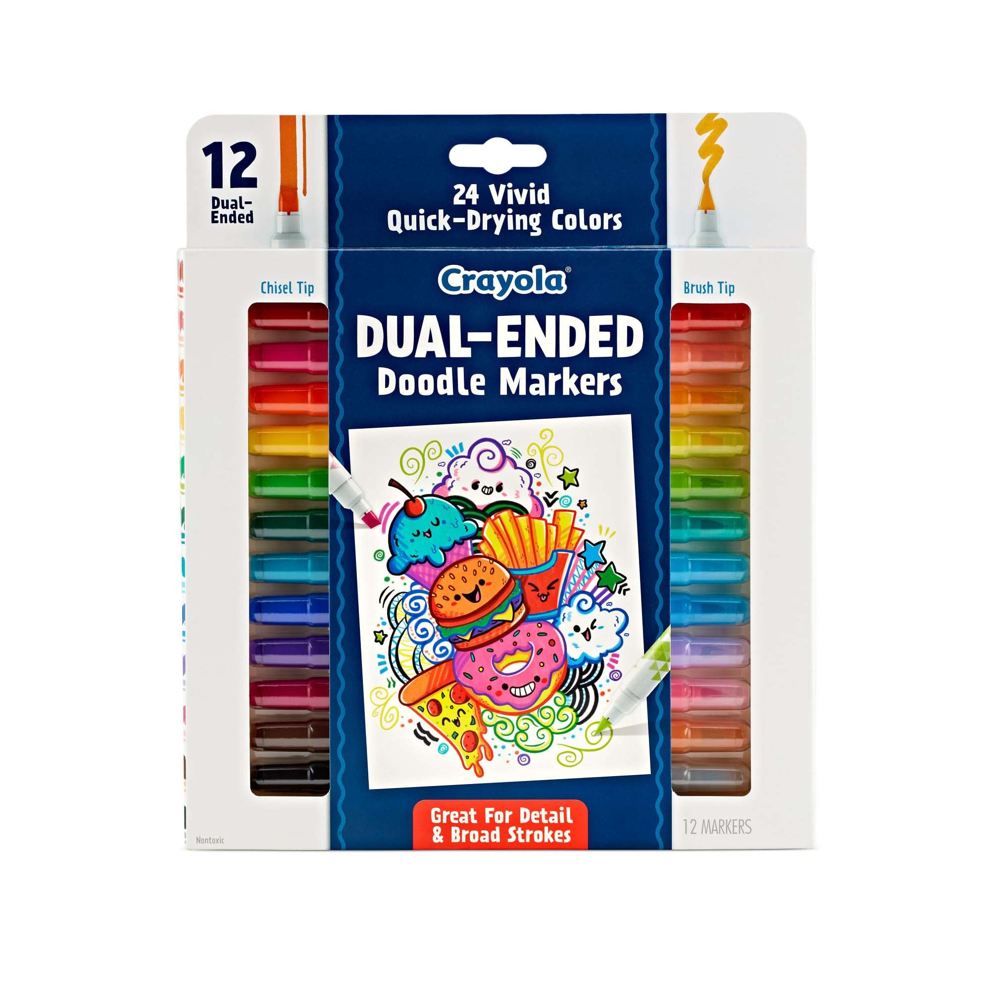 Crayola® Doodle & Draw Dual-Ended Doodle Markers, Brush Tip/Chisel Tip, White Barrel, Assorted Ink Colors, Pack Of 12 Ma