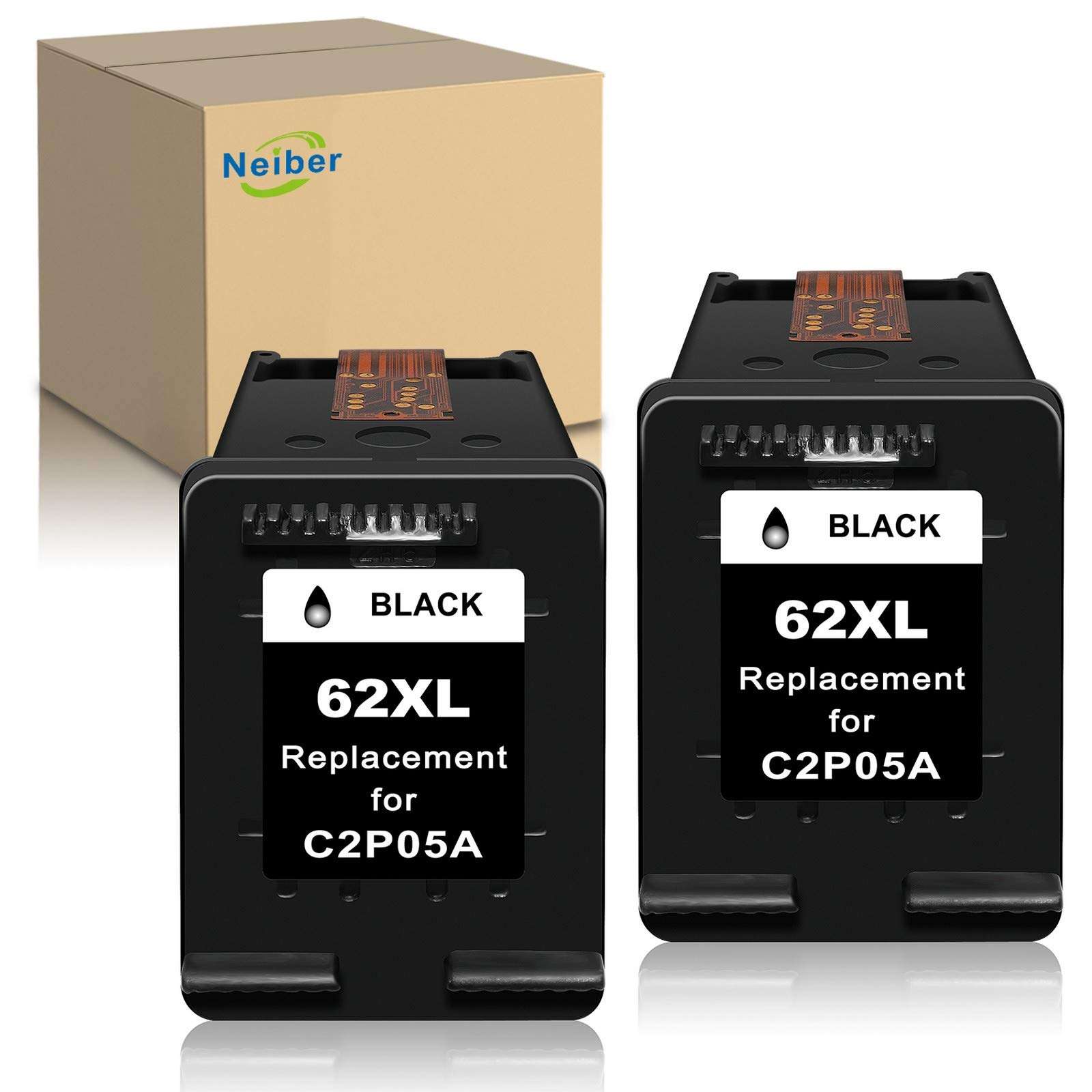 Neiber Remanufactured Ink Cartridge Replacement for HP 62 XL 62XL (2 Black) Fit with Envy 7640 5660 5540 5661 5642 5640 5663 5544 5542 5549 5643 OfficeJet 5740 250 5745 5746 200 8040 5741 Printer Tray 1