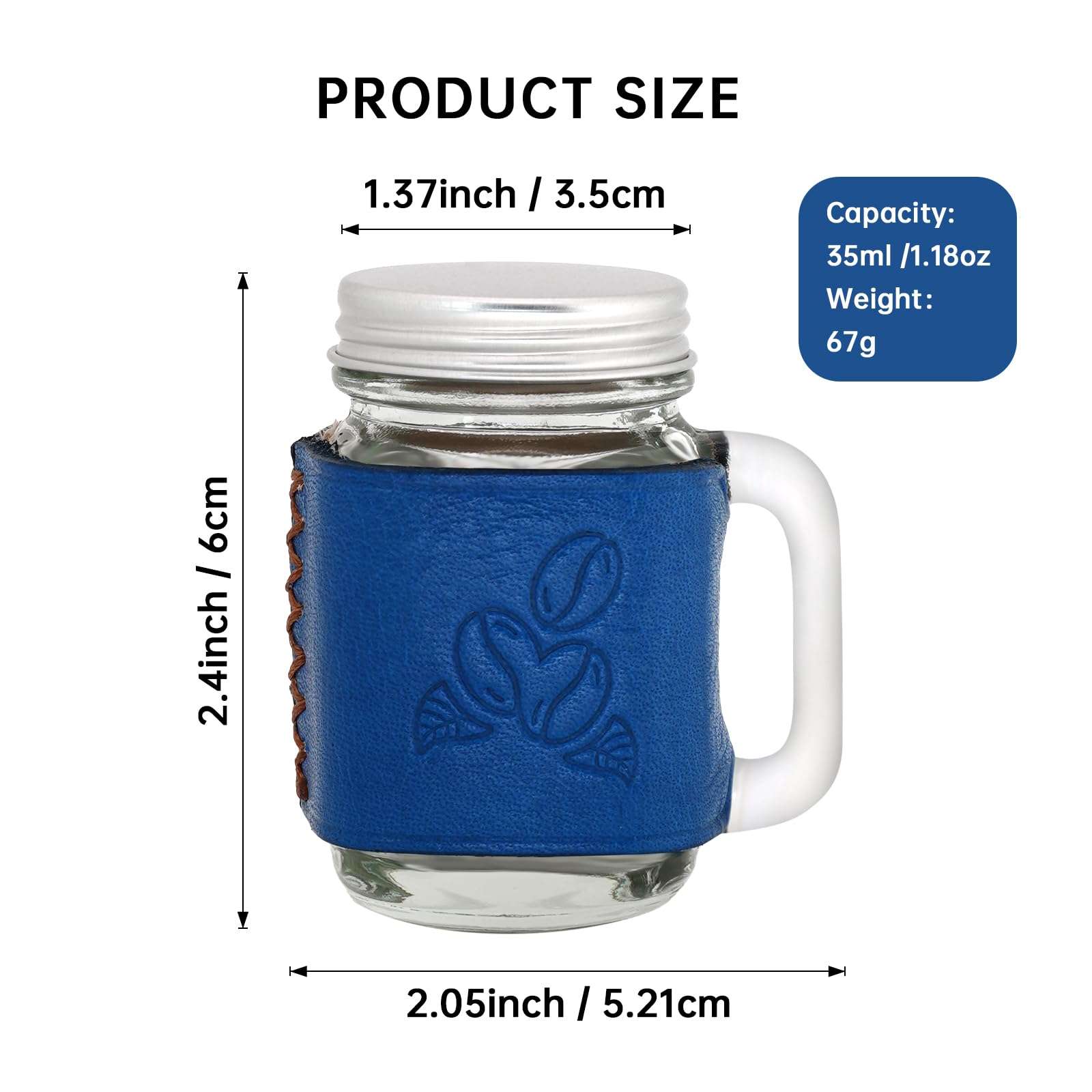 1PC 1.7oz 50ml Mini Glass Handle Mug Genuine Leather Sleeve Mini Espresso Dispenser Bottles Small Glass Mug Mini Sealed Jar (BULE) 3