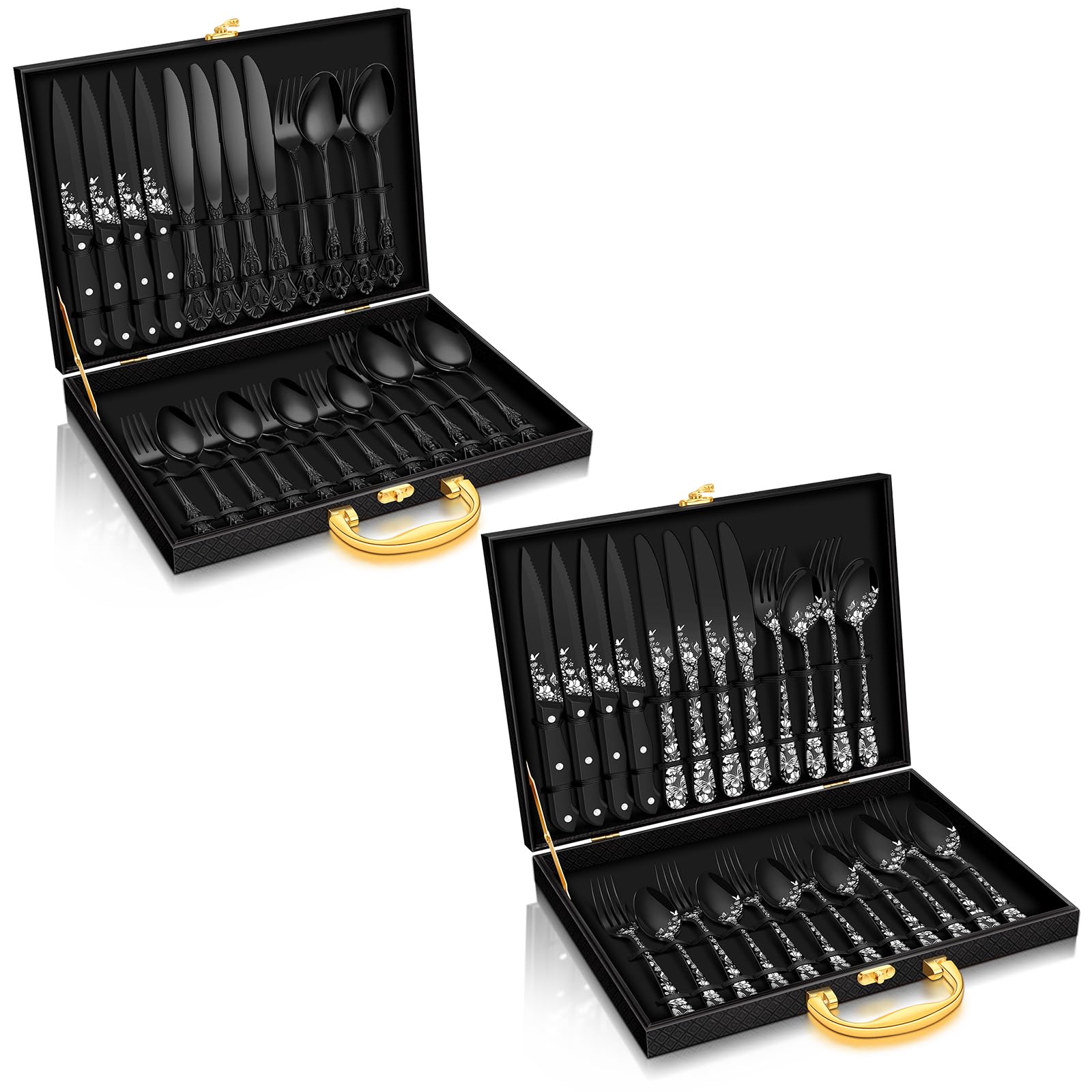 Stapava 48 Pcs Black Silverware Set with Gift Box, Gorgeous Retro Royal Silverware Set for 8, Stainless Steel Mirror Flatware Cutlery Set for Home Party Wedding, Dishwasher Safe Utensils Set