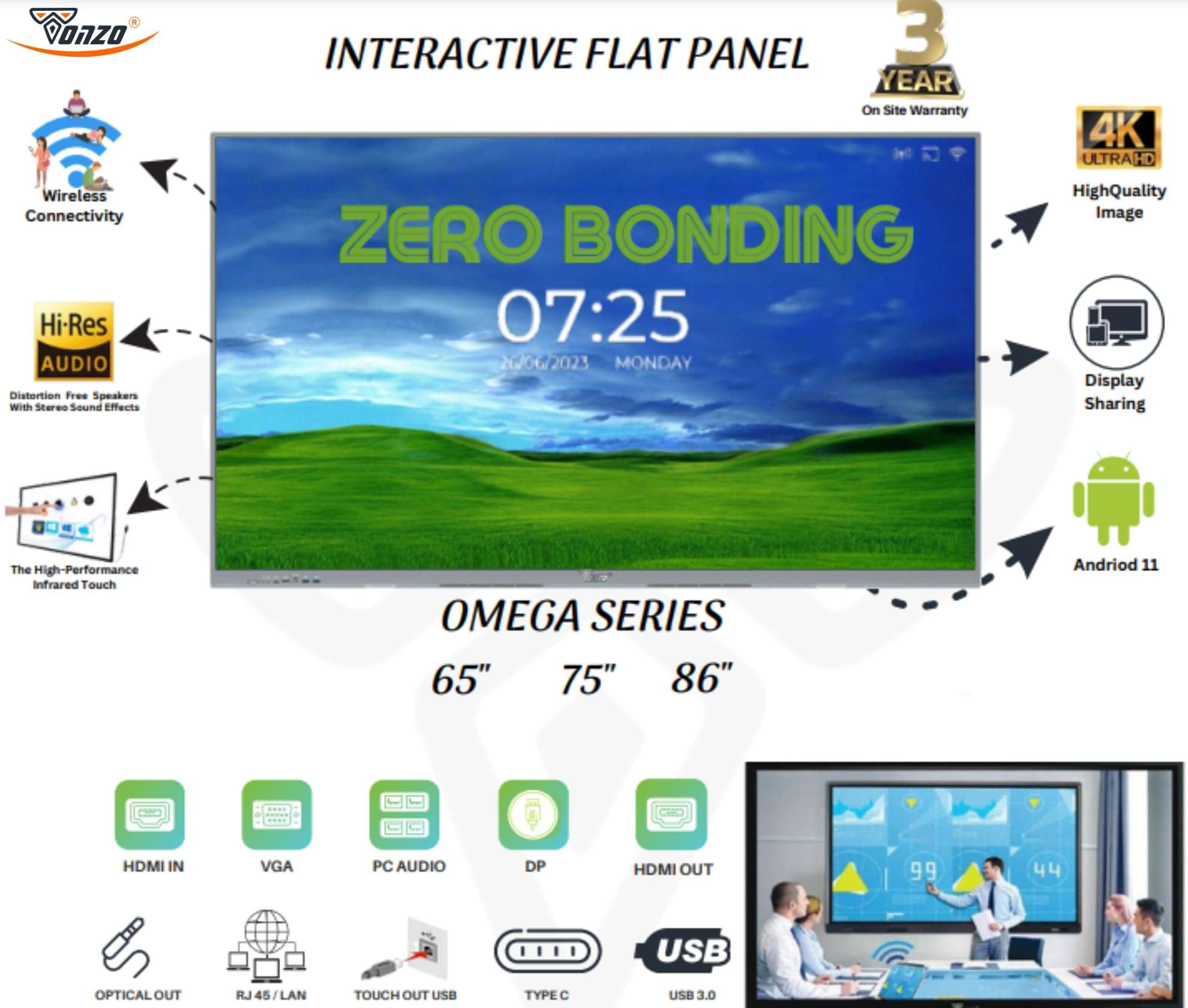TONZO� Omega 86" Interactive Flat Panel Android 11.0, Ultra HD (4K)| Multitouch Screen| 4 GB RAM| 32 GB ROM| 15W-2 Speaker| Panel with USB, VGA, Display Ports| Best for School & Offices 5