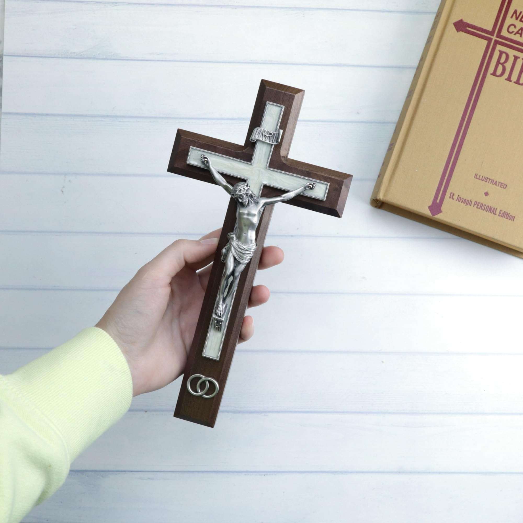 Needzo Walnut Wood Crucifix with Pewter Corpus and Wedding Rings, Marriage Gifts for Couples, Religious Ceremony, 10 Inches 3