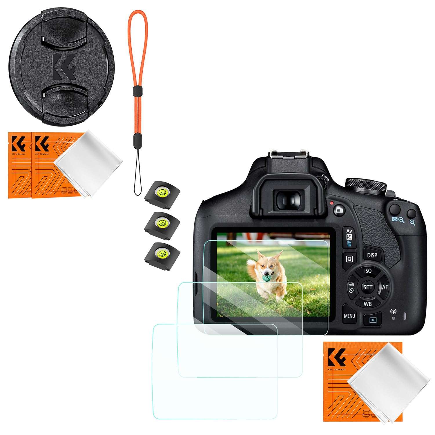 K&F CONCEPT 58mm Lens Cap Cover, 4-in-1 Center Pinch Lens Cover + Anti-Loss Keeper Leash + Microfiber Cleaning Cloth Kits + 3pcs Screen Protector Compatible with Canon 1