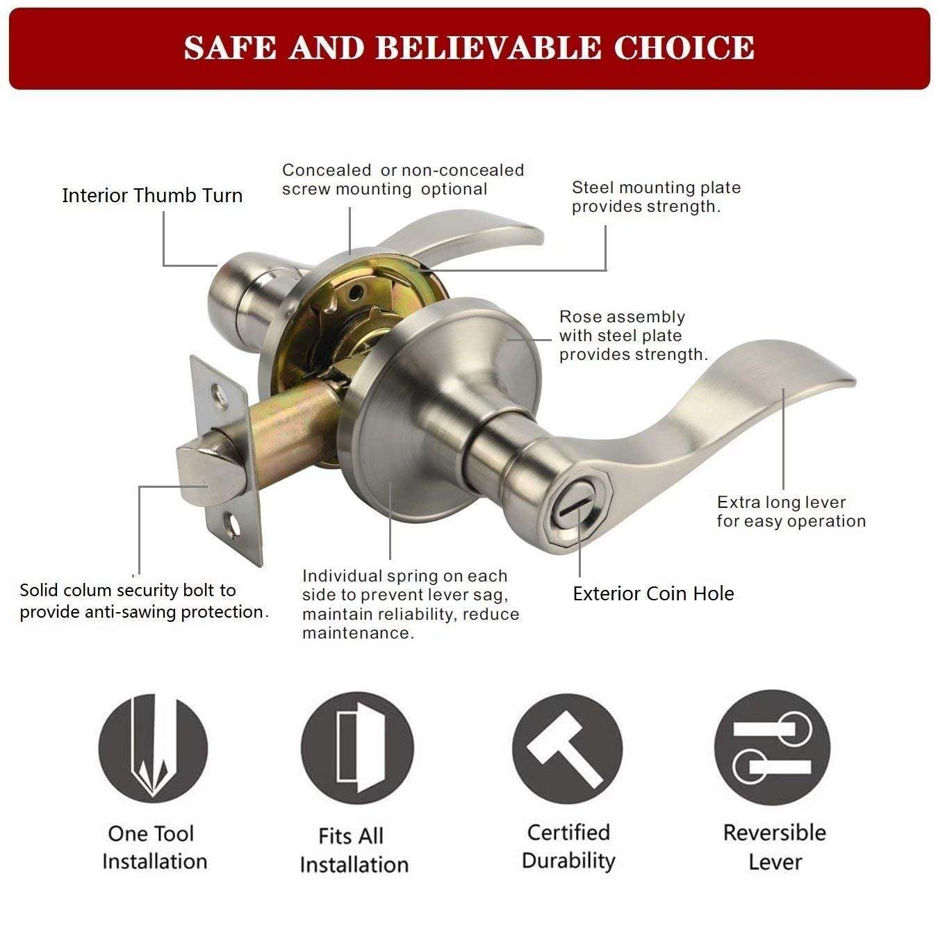 STIANC 6 Pack Privacy Door Lever Handle- Interior Door Handles-Bedroom/Bathroom Lever Door Handle Satin Nickel, High-Strength Design 4