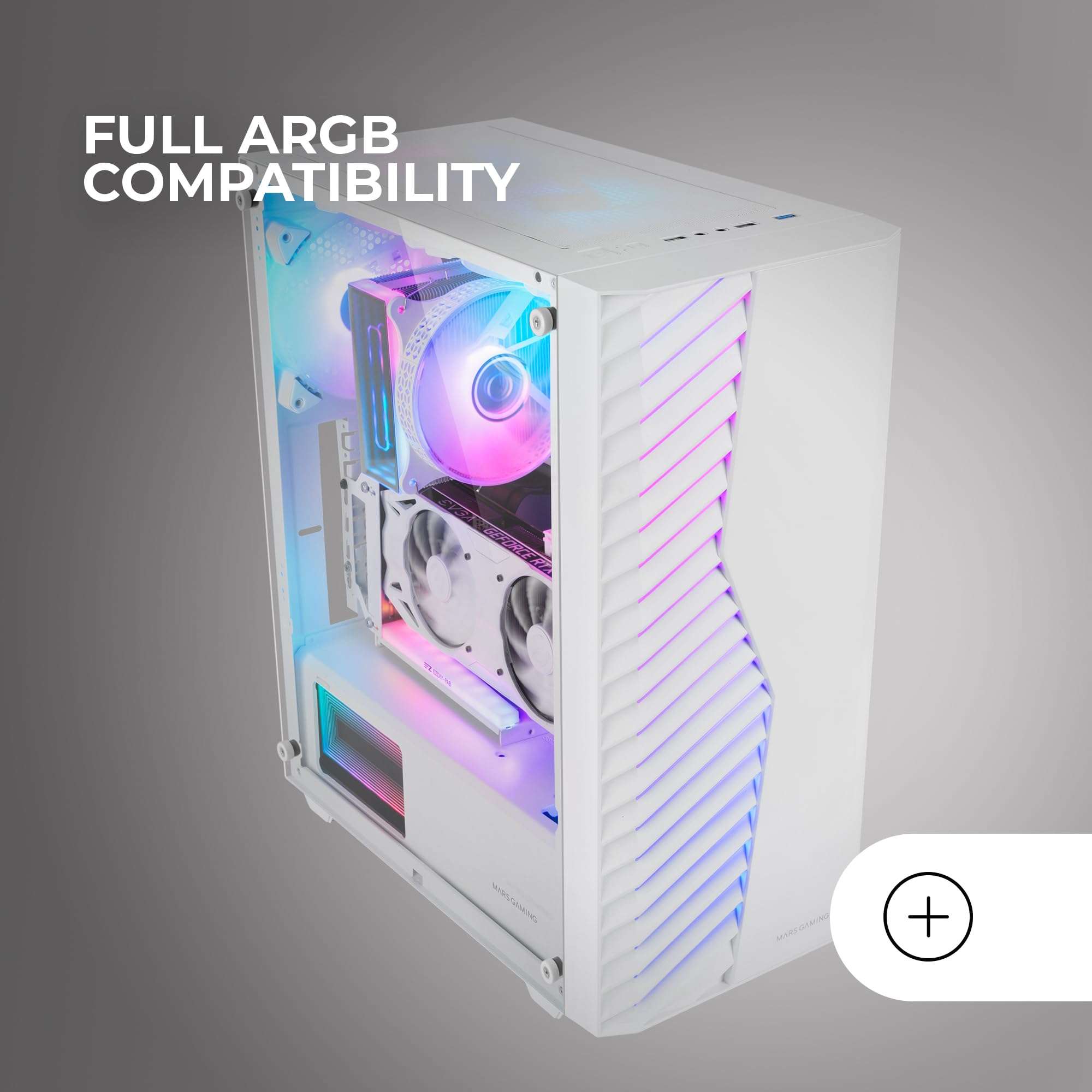 MARSGAMING MC-Volt Gaming ATX Case, 120 mm ARGB Fan, Front Grille with ARGB, Full Side Tempered Glass Side Window, Cable Management, Semi-Tower for Liquid Cooling, White 5