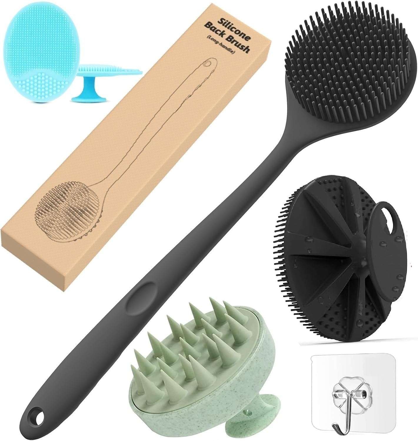 ANTIL'S 4-in-1 Soft Silicone Bath Brush Set | Long Handle Back Scrubber + Body Scrubber + Scalp Massager + Face Massager | Super Exfoliating & Lathering Shower Brush | BPA-Free | For Men & Women | With Free 3 Hook 1