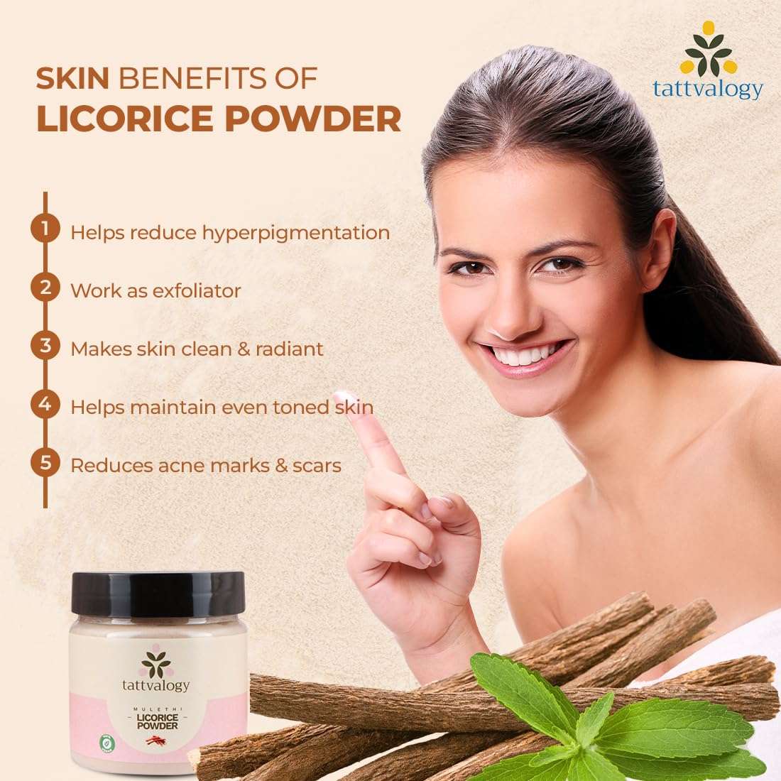 Tattvalogy Licorice Root Powder | Mulethi Powder | Yashtimadhu | Glycyrrhiza glabra | 100% Pure & Natural | Facial Mask | For Hair and Skin Care | Defence From Acne & Pimples | In Glass Jar - 100 GM 6