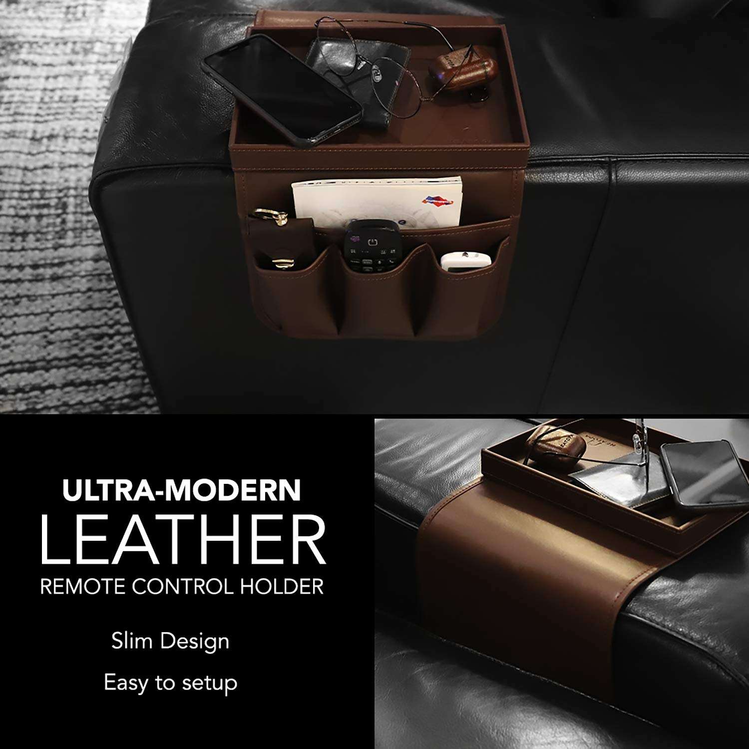 U NEATOPA Couch Remote Caddy Control Holder Sofa Organizer with Detachable Wooden Snack Tray for Recliner Mattresses Chair Armrests with 4 Slots - 1 Large Pockets and 3 Small Pockets (Brown) 6