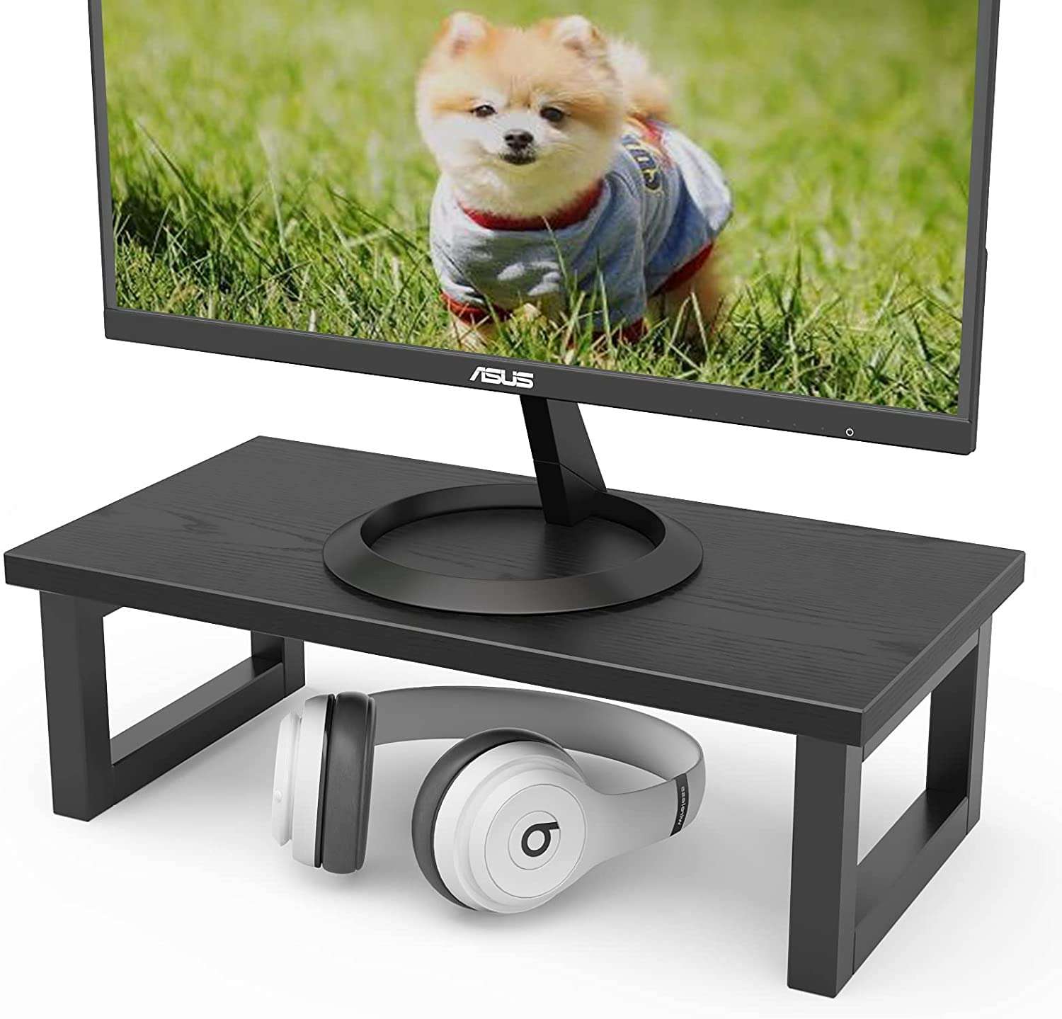 INDIAN DECOR 39340 Monitor Stand Riser for Computer Desktop Wood Riser Supports Storage Organizer Shelf for Laptop Computer, 15.5 inches, Black 1