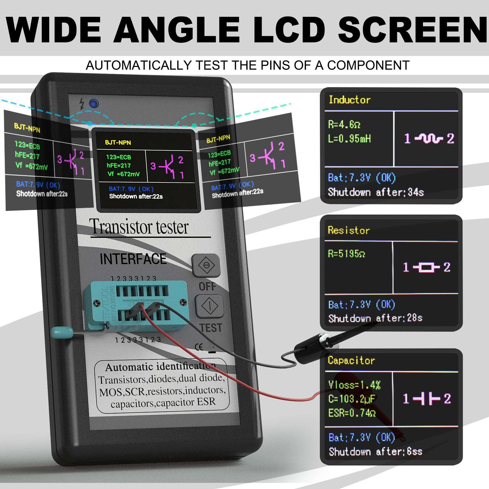 DROK Transistor Tester LCR Meter, Mosfet Transistor Capacitor Tester, Mega328 NPN PNP Transistor Diode Resistor Inductor Capacitance MOS SCR ESR Meter Automatic Checker Detector 5