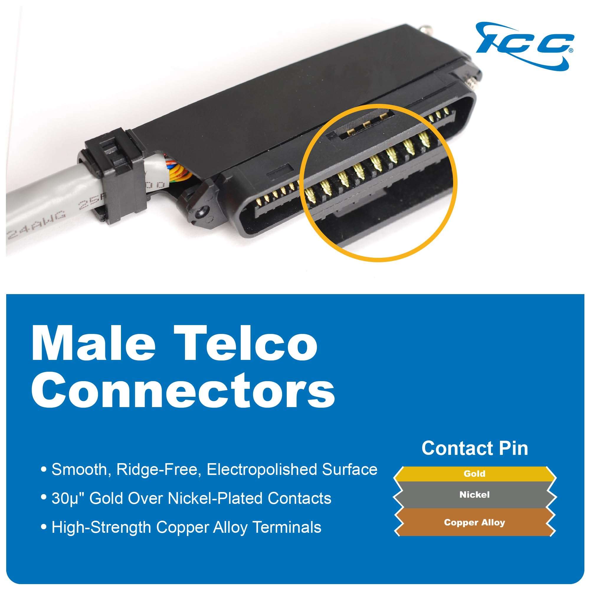 ICC Male to Male 25 Pair Telco Cable 15ft - Cat3 24AWG, 100% Solid Pure Copper, Gray Riser CMR Cable with 90 Degree 50 Pin Telco Connector for Voice and Low Data PBX Applications, 15 Feet 5