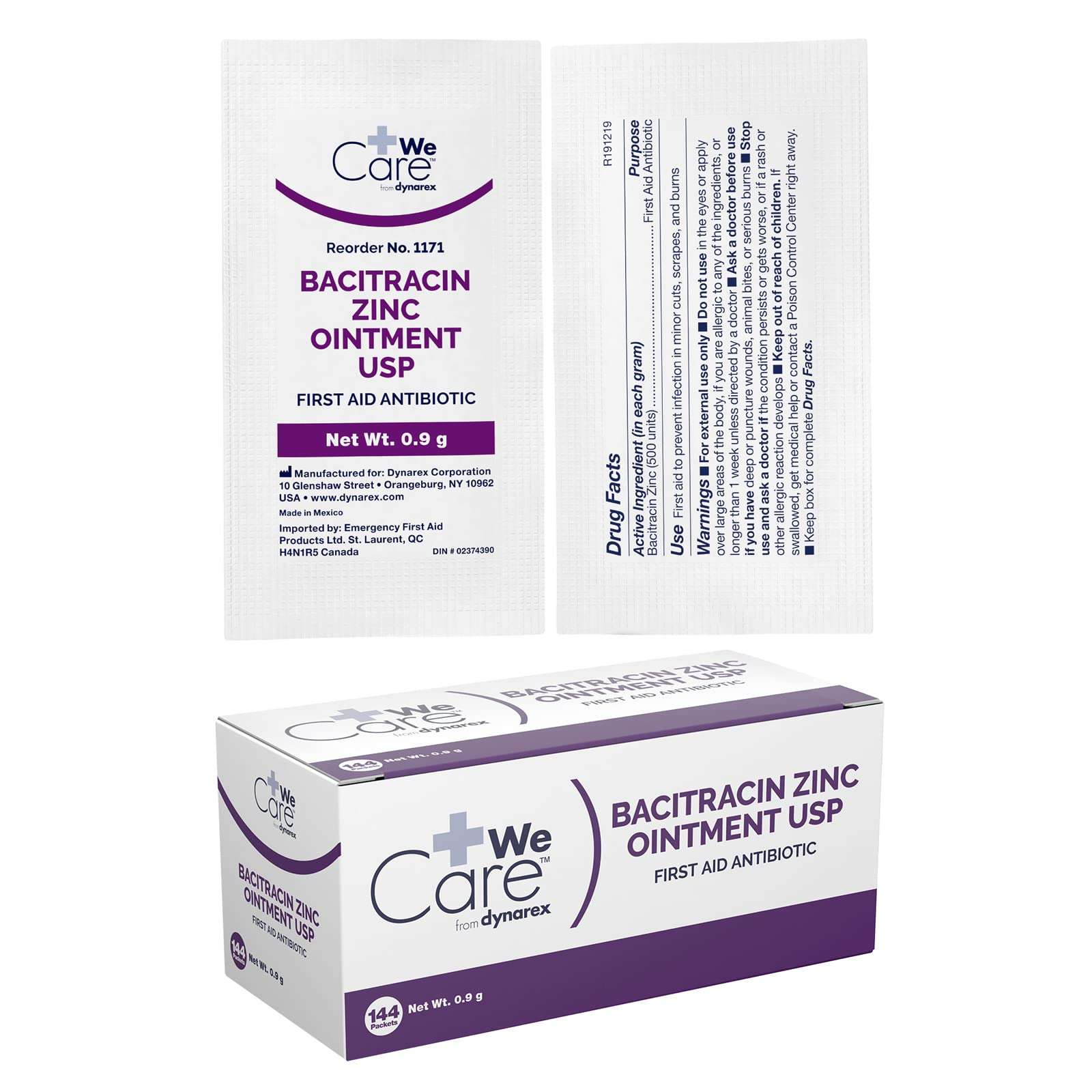 Dynarex Bacitracin Zinc Ointment USP - Burn Cream and Antibiotic Ointment for Minor Cuts, Diaper Rashes, Wound Care and First Aid, 0.9g Packets - 1 Box of 144 Packets 1