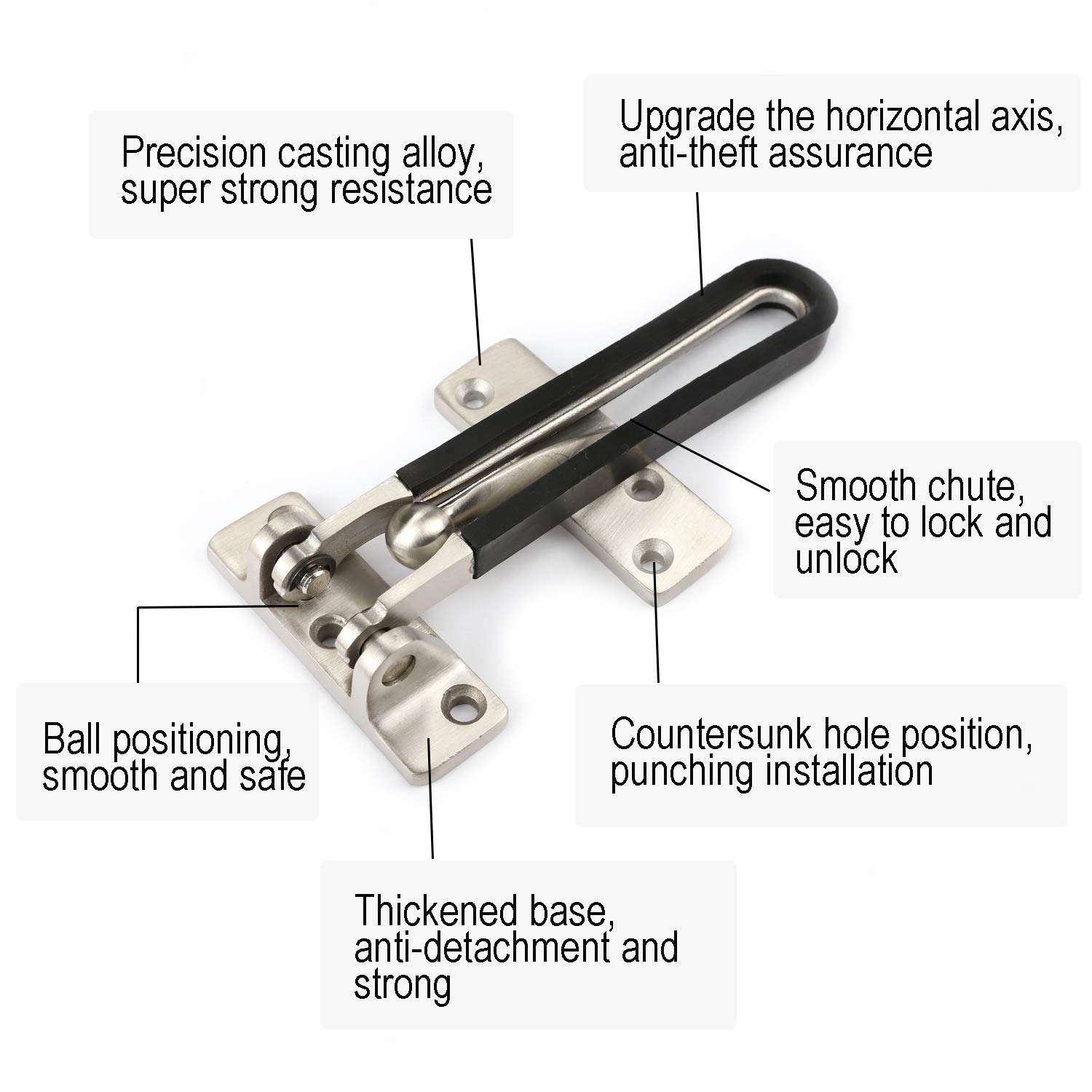 TOGU Solid Thicken Security Door Chain Guard,Gate Latches Swing Bar Door Lock for Home,Apartment,Hotel,Dormitory,Satin Nickel,4pcs 2