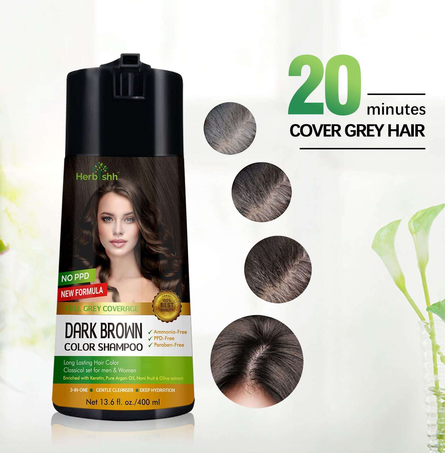 Herbishh Hair Color Shampoo (Dark Brown) - 400 mL + Hair Wax Stick 4