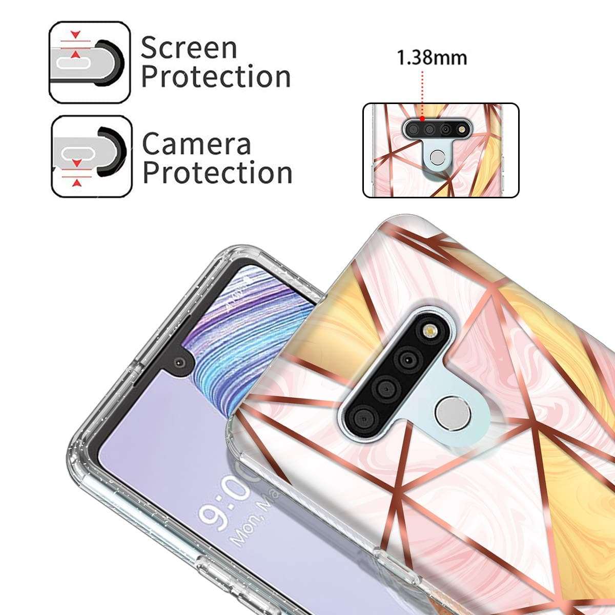 Lamcase for LG Stylo 6 Case Crystal Clear Sparkly Glitter Shiny Soft Flexible TPU Slim Fit Hybrid Drop Protection Tough Rugged Shockproof Cover Case for LG Stylo 6, Glitter Marble/Rose Gold 2