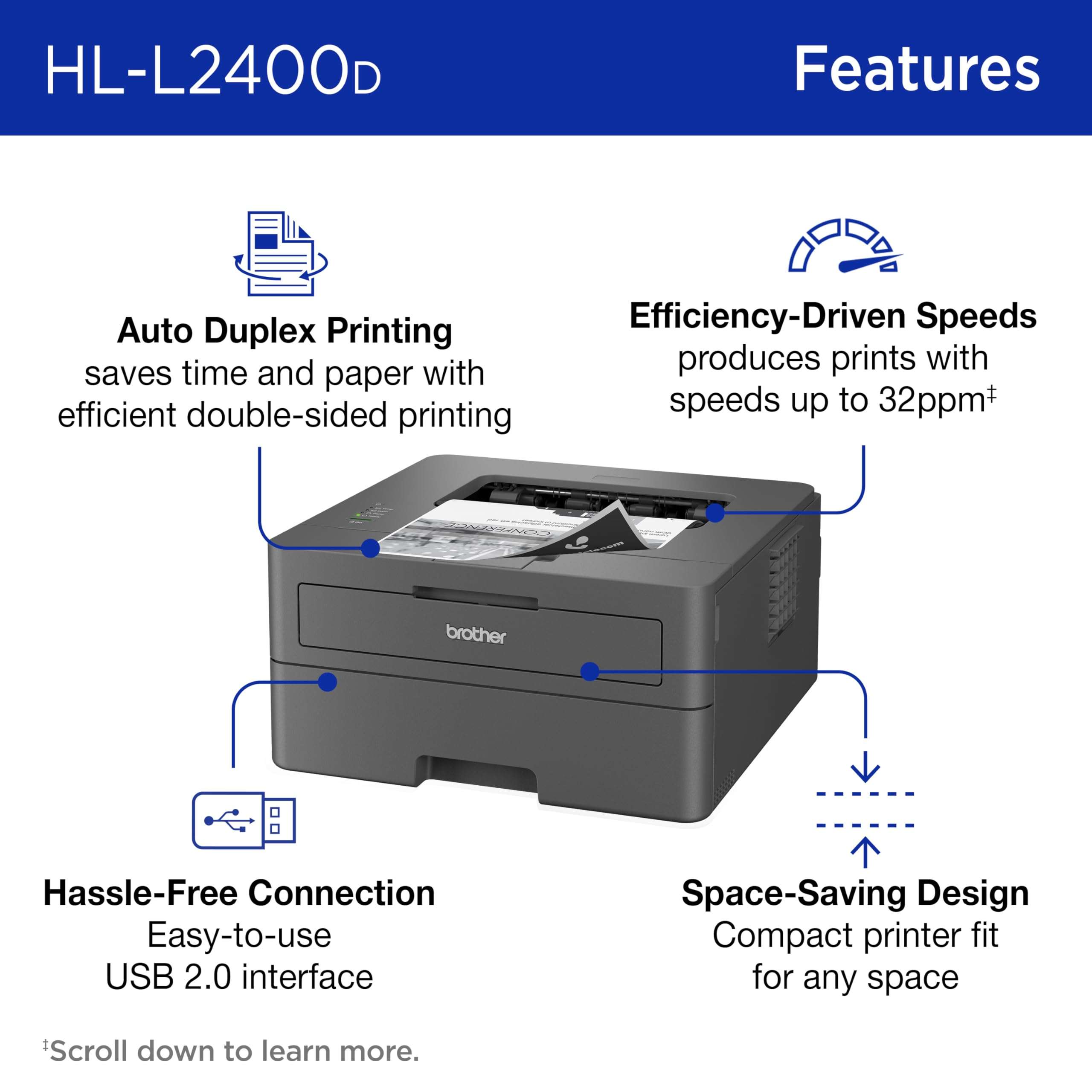 Brother HL-L2400D Compact Monochrome Laser Printer, USB Required (Cable not Included), Black & White Output | Includes Refresh Subscription Trial(1), (Renewed Premium) 3