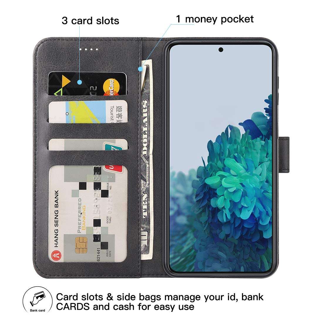 DDJ case for Samsung Galaxy S21 Plus 5G 2021,Cover Flip TPU&PU Leather Case with Kickstand, Multi-Function Magnetic Suction Strong Closure Wallet Phone Case for Galaxy S21 Plus 5G (Black) 3