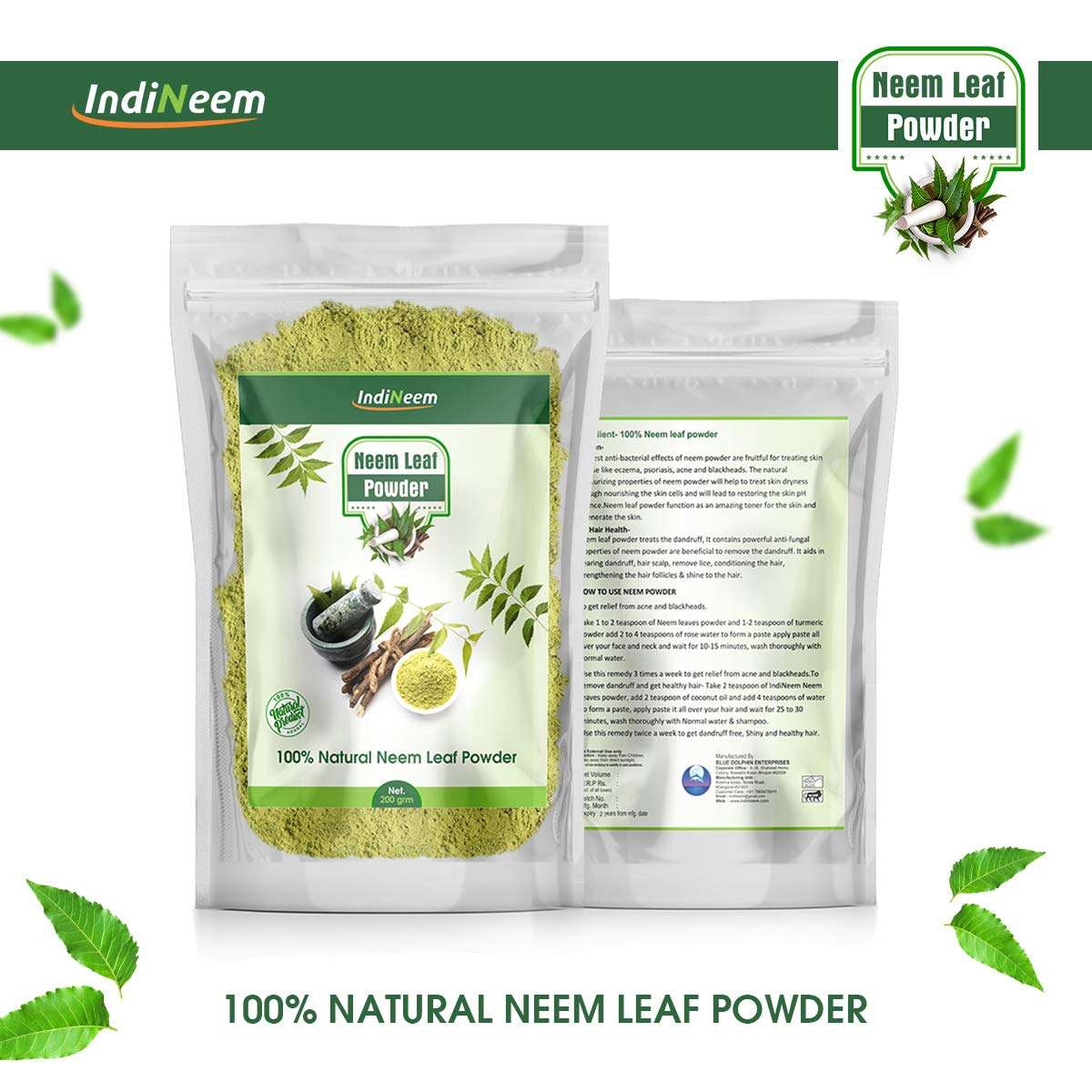 IndiNeem Neem Leaf Powder for Skin, Hair, Acne, Dandruff and Hair Growth | Natural Organic Neem Leaf/Leaves Powder | For smooth, strong and Shiny Hair | Helps to treat Acne, Blemishes | Skin Nourishing Properties | 100 grams Pack 3