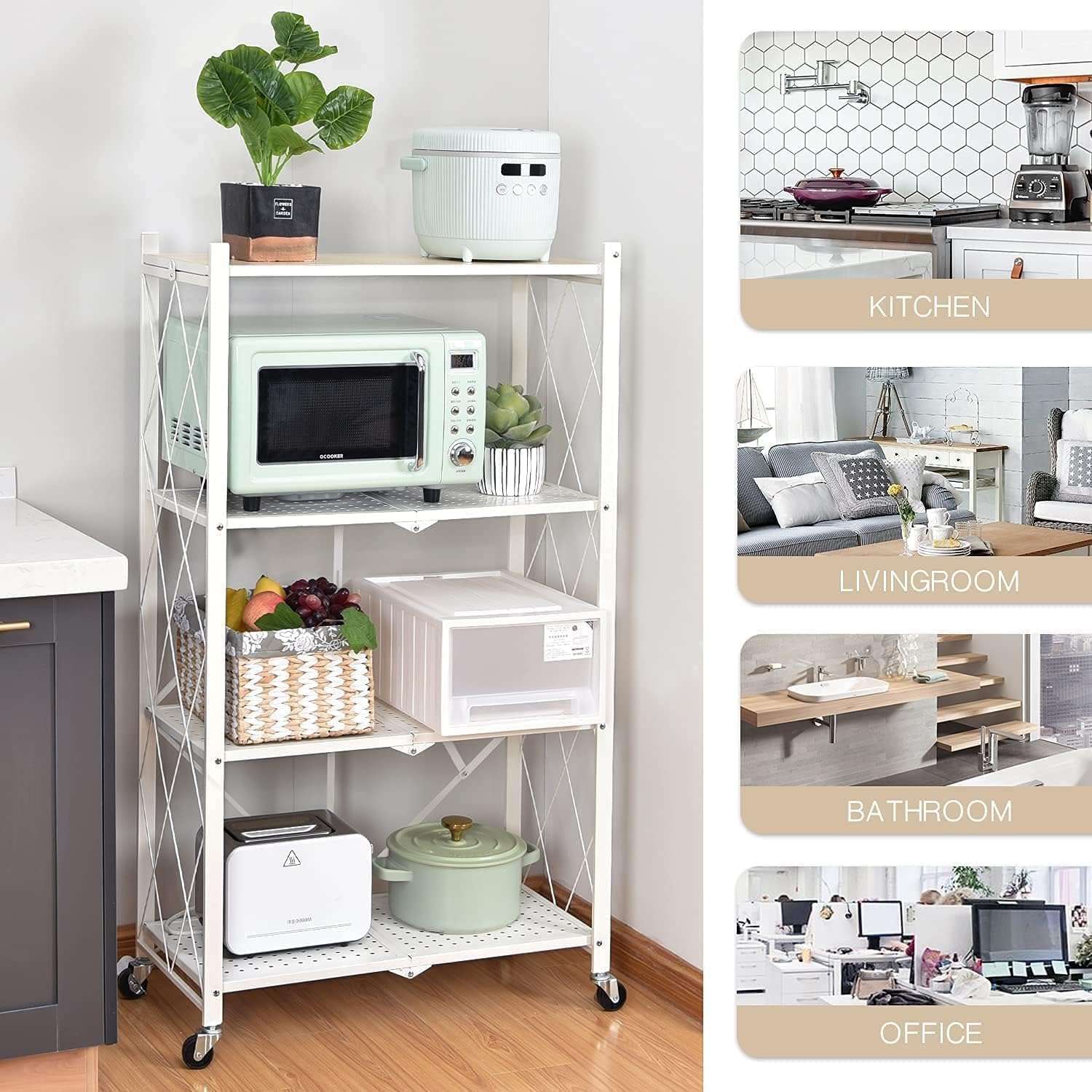 Oumffy White Adjustable Set of 4-Shelf Metal Organizers Rolling Cart Display Wire Rack, with Wheels Storage Shelving Unit,Heavy Duty Garage Storage Rack, Metal Kitchen Shelf, 47 Inches Height, White 4