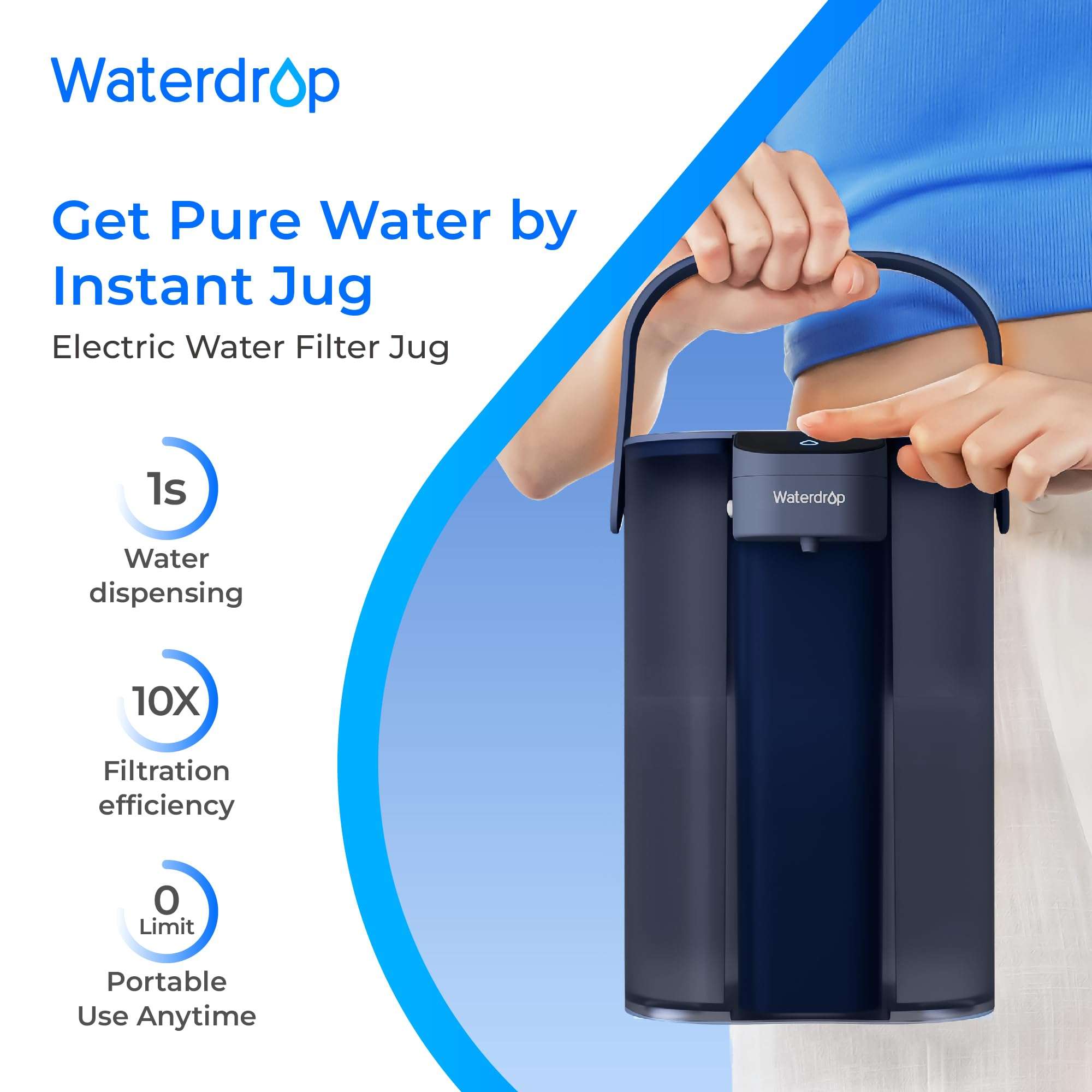 Waterdrop Electric Water Filter Pitcher, Rechargeable Water Dispenser, Instant 200-Gallon 15-Cup Countertop System, NSF/ANSI 401&53&42&372, Reduce PFAS, Lead, Chlorine, Blue, Does not Lower TDS 3