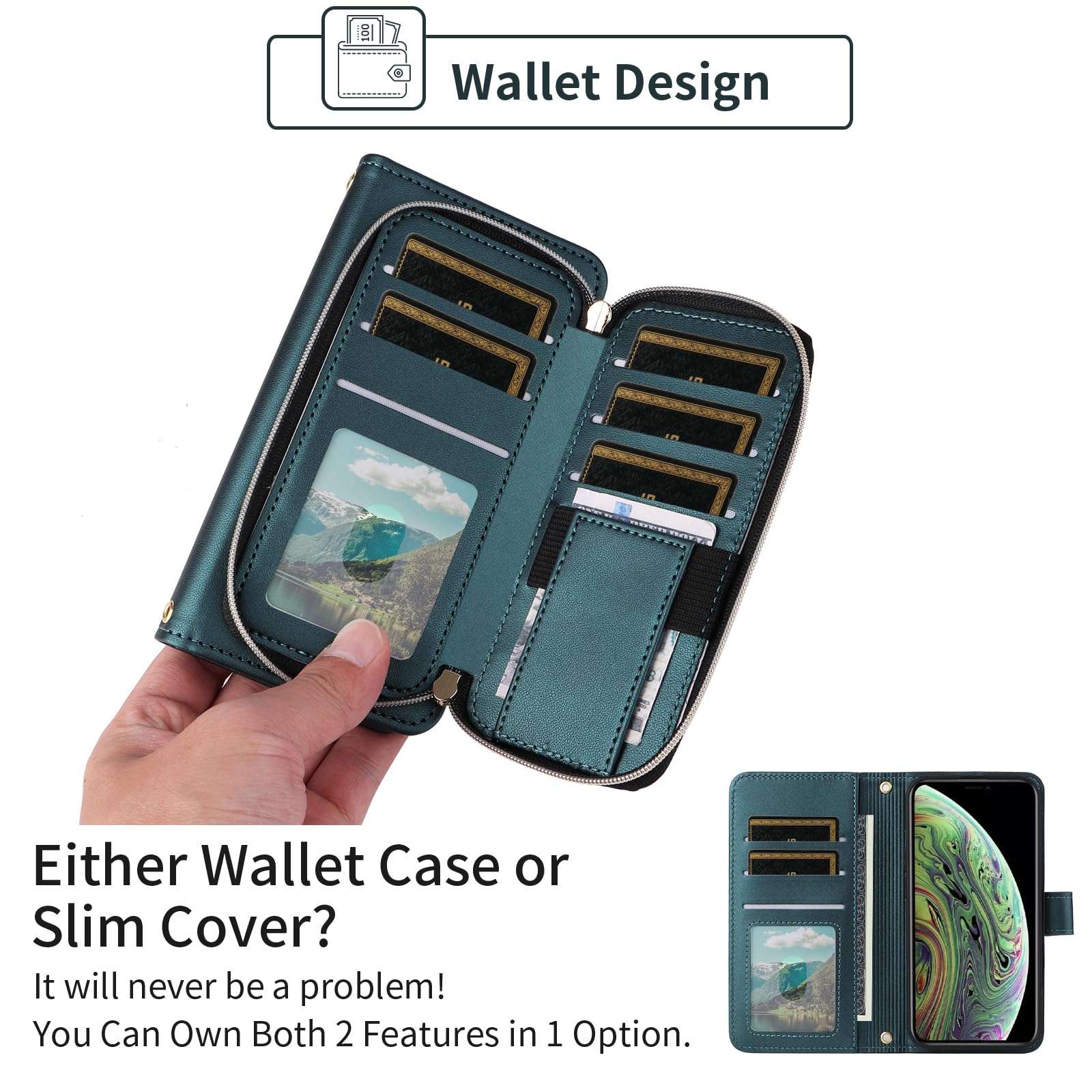 Furiet Argyle Wallet Case for iPhone Xs Max with Wrist Strap Shoulder Strap Card Slots Zipper Purse, Luxury PU Leather Stand Phone Cover for i X XR Xsmax 10x SX Xmax 10xs 10s 10 Plus Xmaxs Green 5