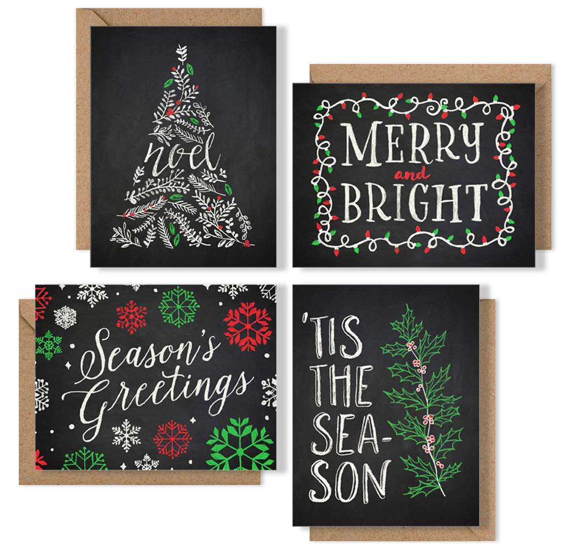 Christmas Cards Boxed Set: Chalk Art Holiday Card Pack (Premium Christmas Card Box Set + Kraft Envelopes) - 4 Unique Assorted Chalkboard Designs - Proudly Made in The USA by Palmer Street Press (36)