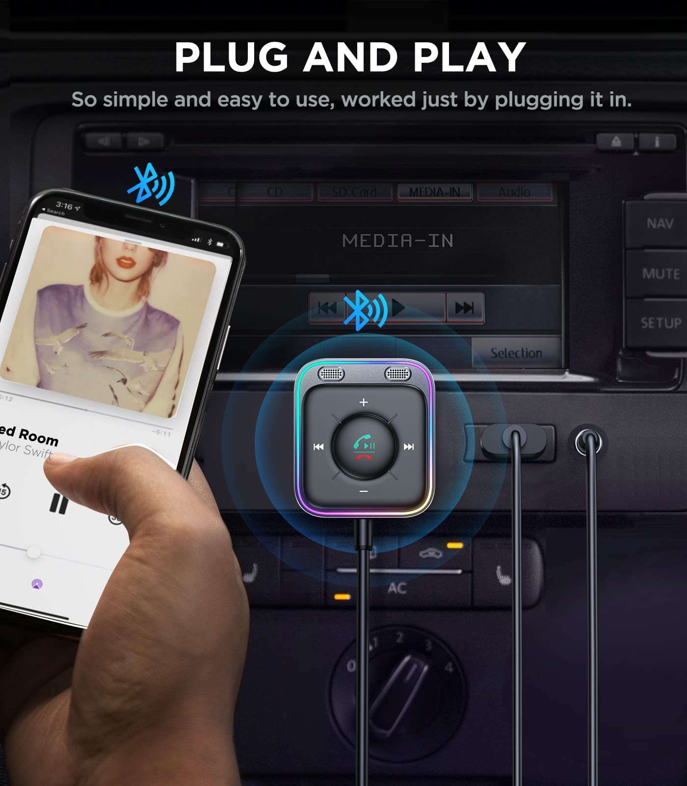 JOYROOM Bluetooth 5.4 AUX Car Adapter[2025 Upgrade] [Stronger Dual Mics& Noise Cancellation] [Multifunction Button& Plug-and-Play] Bluetooth Receiver for Car Music/Hands-Free Calls/Stereo Audio, Black 5