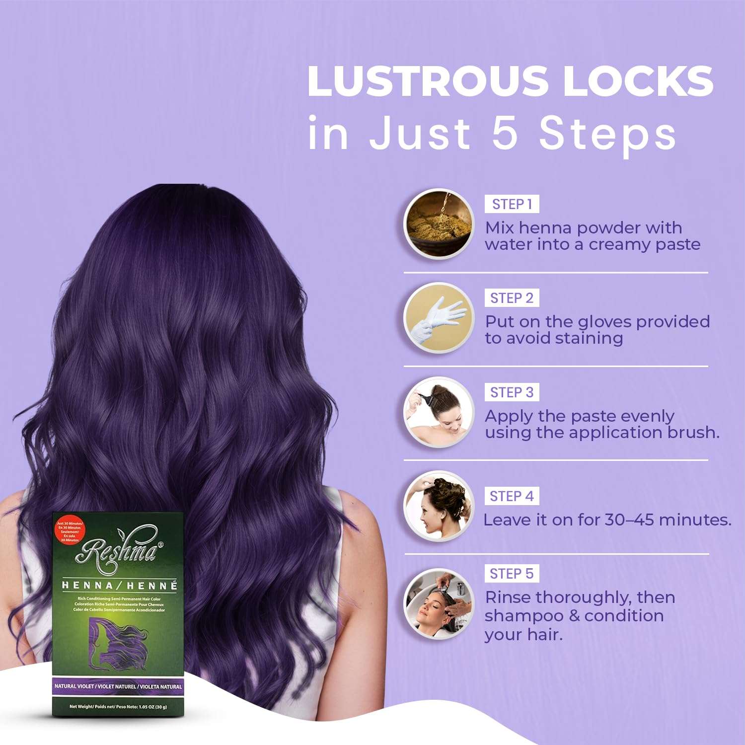 Reshma Beauty 30 Minute Henna Hair Color Infused with Natural Henna, For Soft Shiny Hair Henna Hair Color/Dye, 100% Gray Coverage, Semi-Permanent Ayurveda Hair Product, 12.6 oz, Pack of 12 (Violet) 4