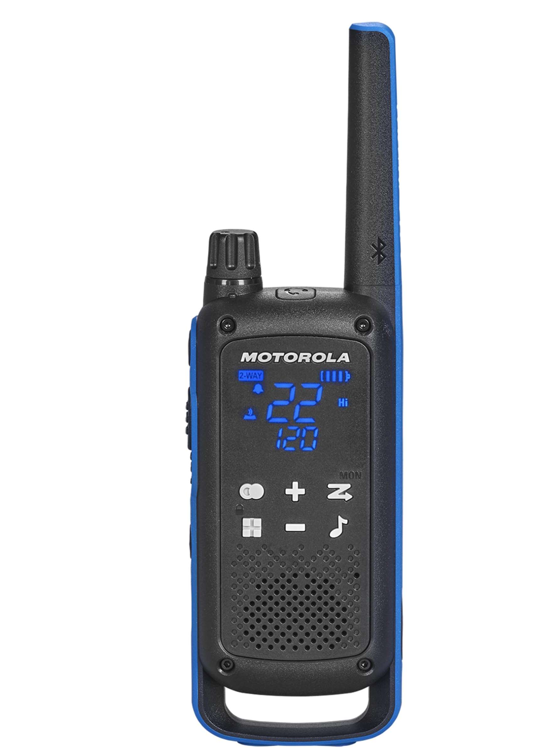 Motorola Solutions, Talkabout T802, Portable FRS Two Way Radio 6 Pack Walkie Talkies Blue/Black 22 Channels 6 PTT Curl Earpieces 2