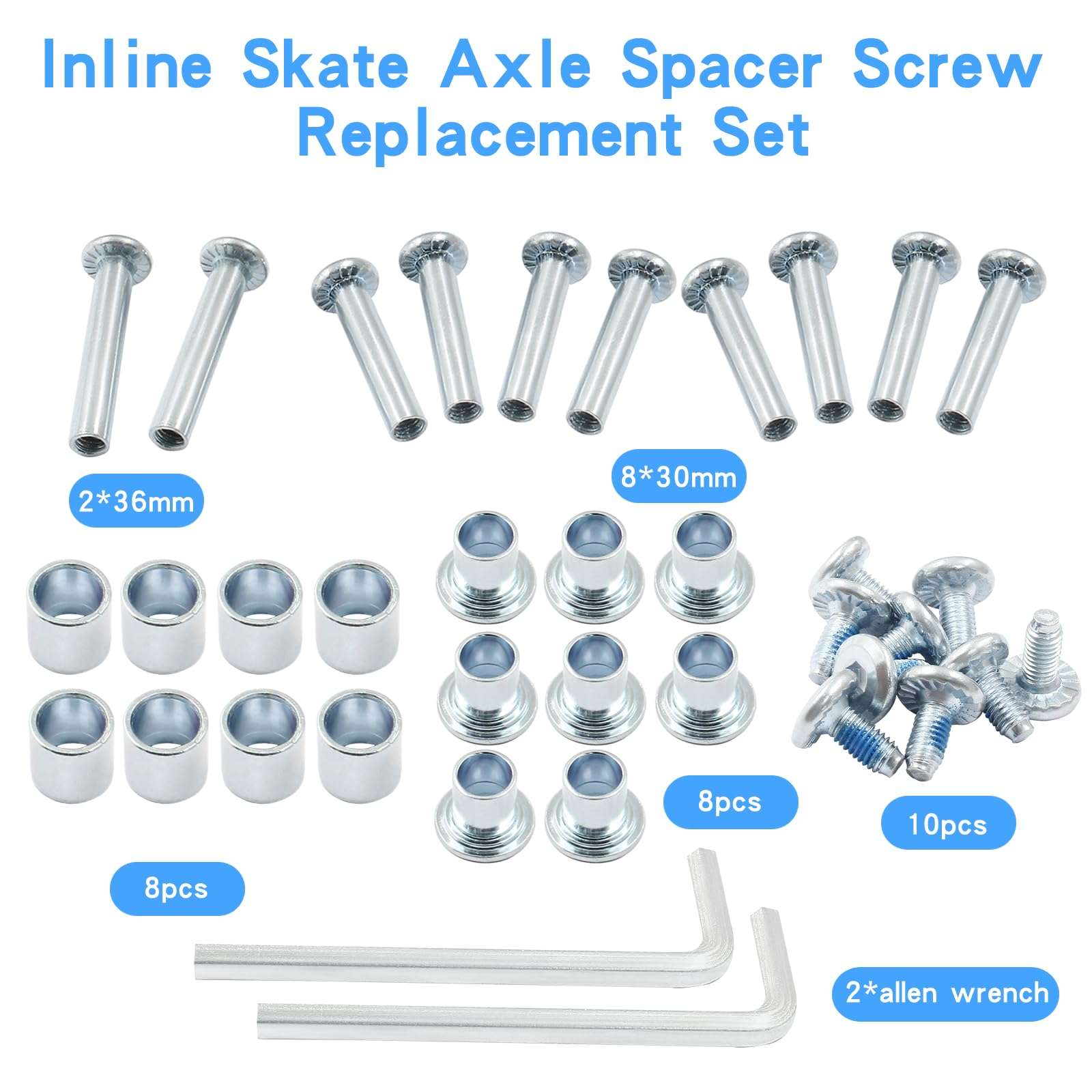 Luomorgo 36 Pcs/1 Set Inline Skate Wheel Axle Spacer Screw, 6mm/15/64" OD Shaft Hex Socket Screw Axles for Roller Skate with M4 Allen Wrench 5