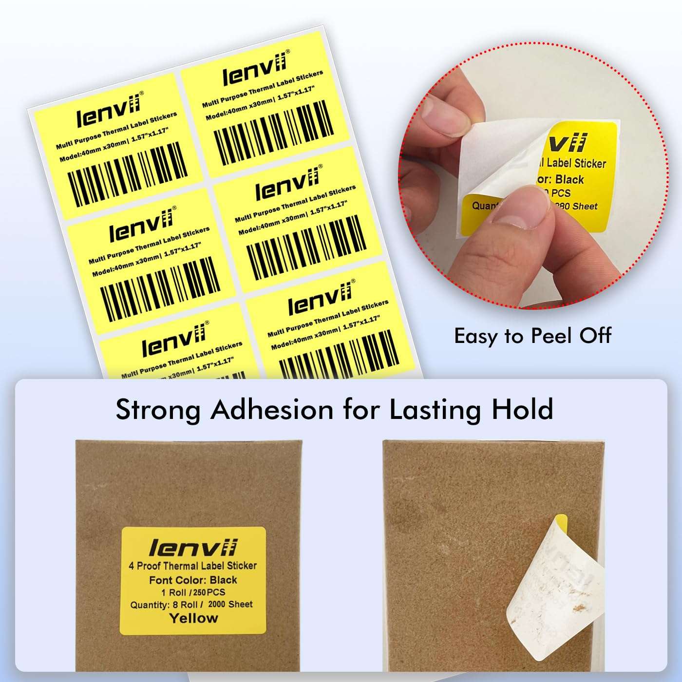 LENVII Yellow 1.57" x 1.18" Thermal Labels Stickers 2000 Sheets-8 Rolls × 250 Label,Tear/Water/Oil/Scratch Resistant Multi-Purpose Adhesive Sticker for Barcode,Home,Office,Logo,Product/Gift Labeling 6