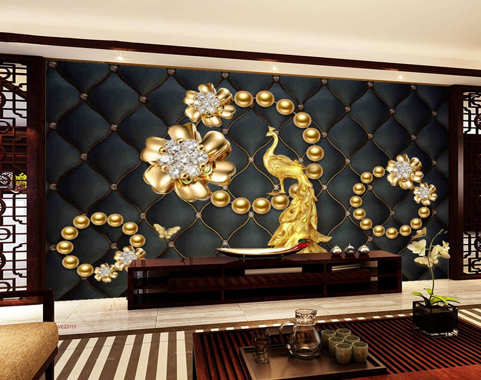 Wall26 - WEZ2113 Designed Flower Ivory Jewellery Pearls Peacock Butterfly Flowers Peacock Beautiful HD 3D Wall Sticker[7 ft x 6 ft] / [213 cm x 183 cm] 1